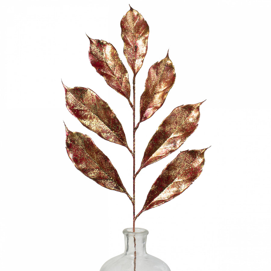 28" Metallic Magnolia Leaves Spray: Burgundy & Gold