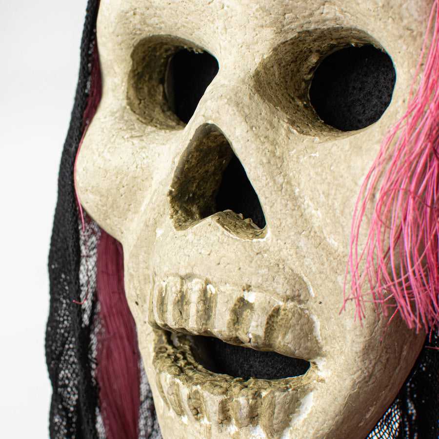 20" x 6" Styrofoam & Burlap Witch Skull: Pink & Black