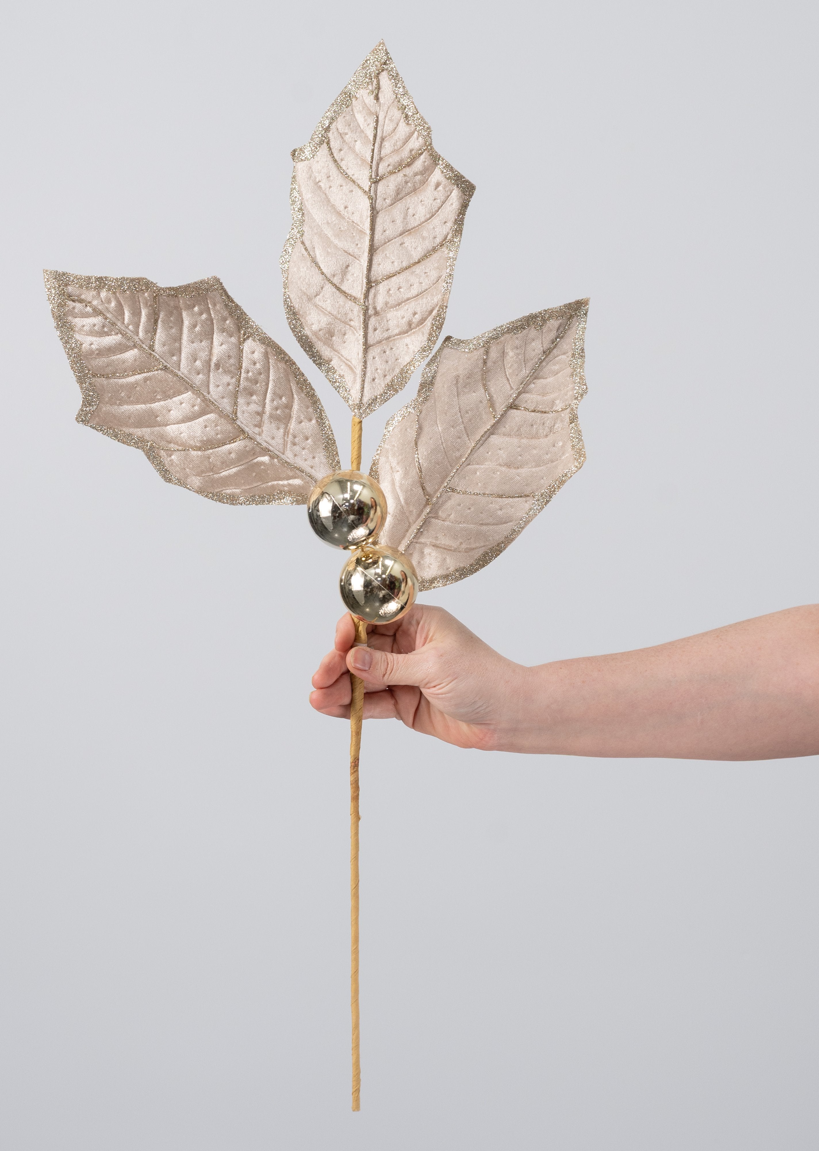 27" Oversized Velvet Holly Leaves Spray: Champagne Gold detail photo 3
