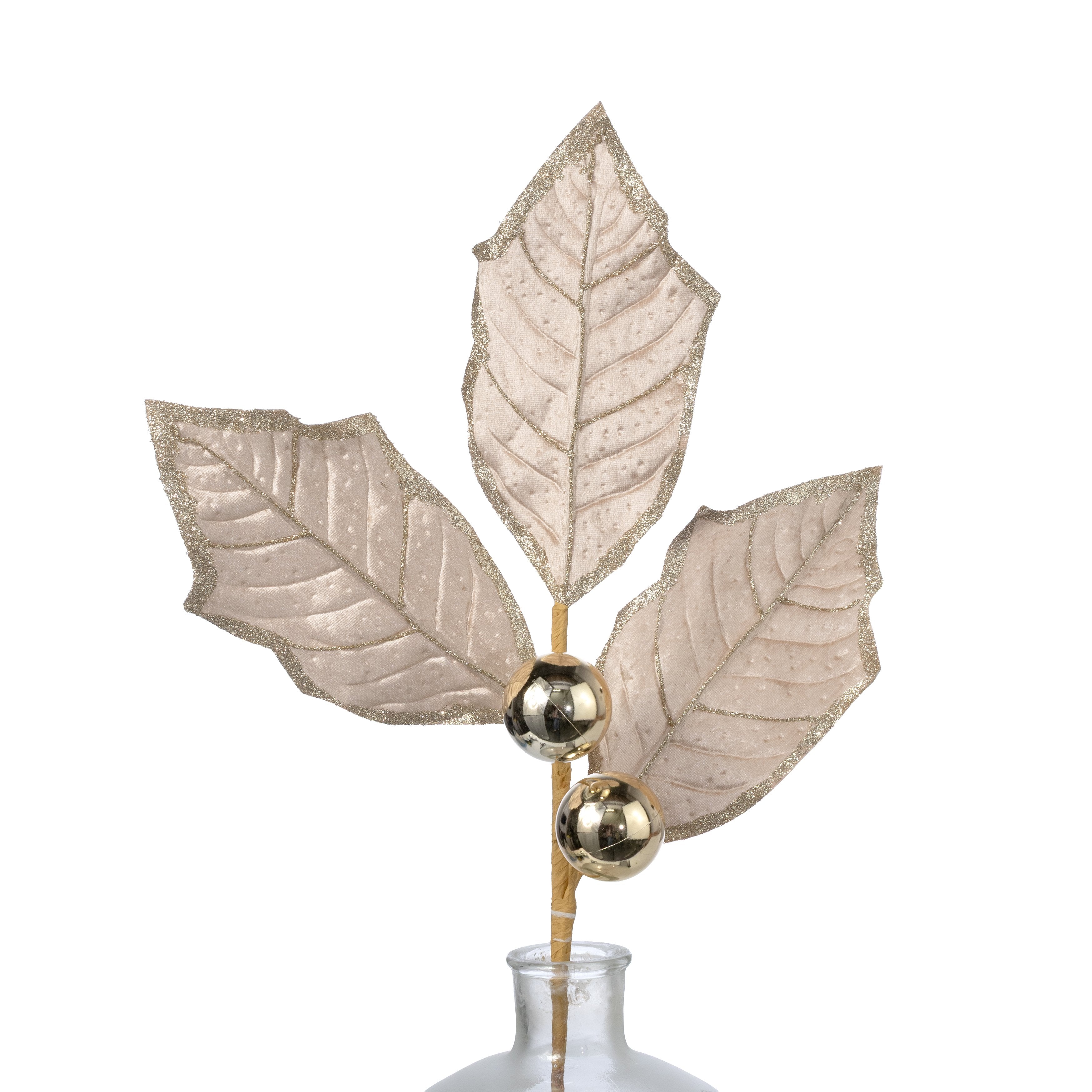 27" Oversized Velvet Holly Leaves Spray: Champagne Gold Item Number: 86264CH