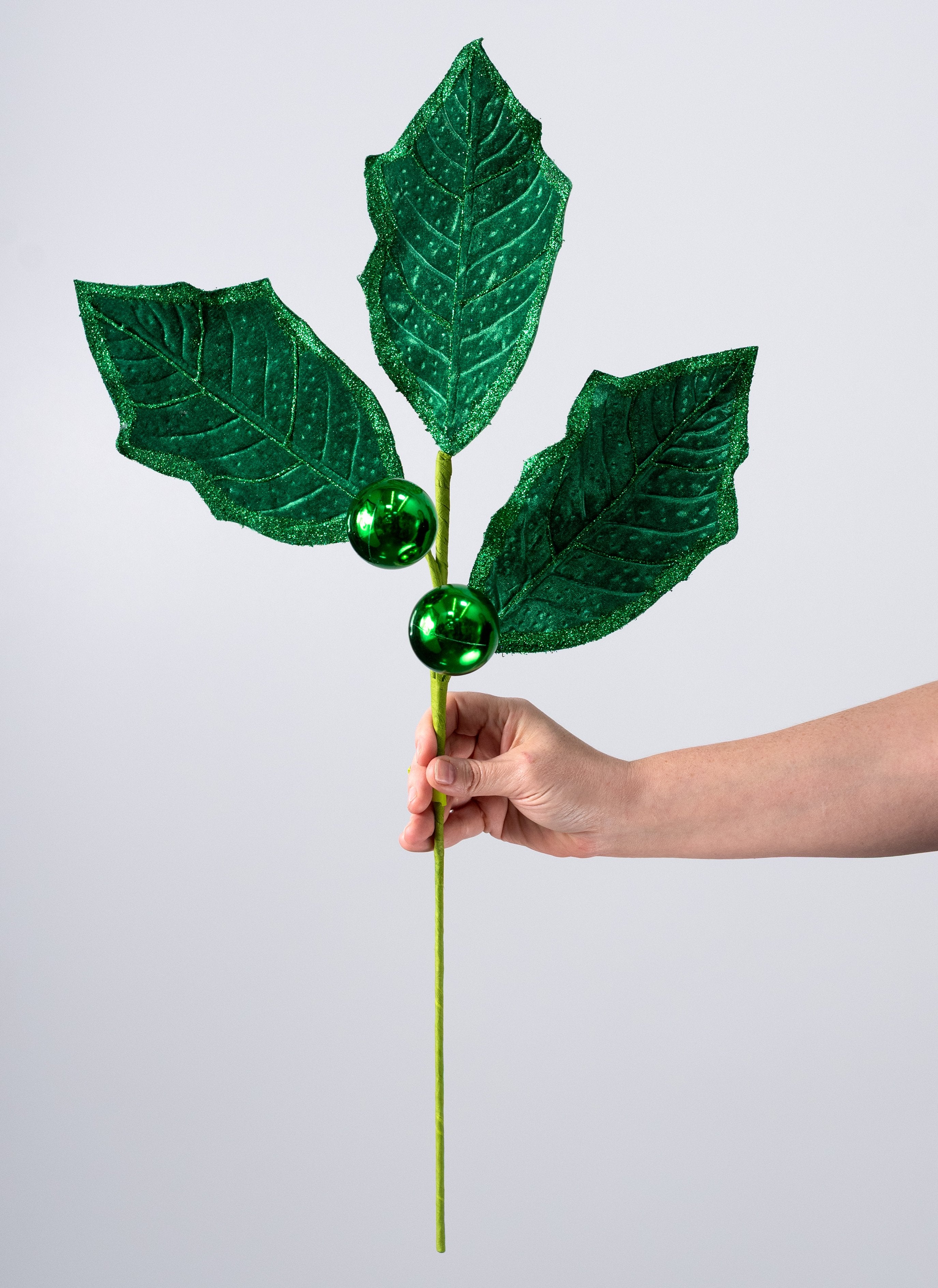 27" Velvet Holly Leaves Spray: Emerald Green detail photo 3