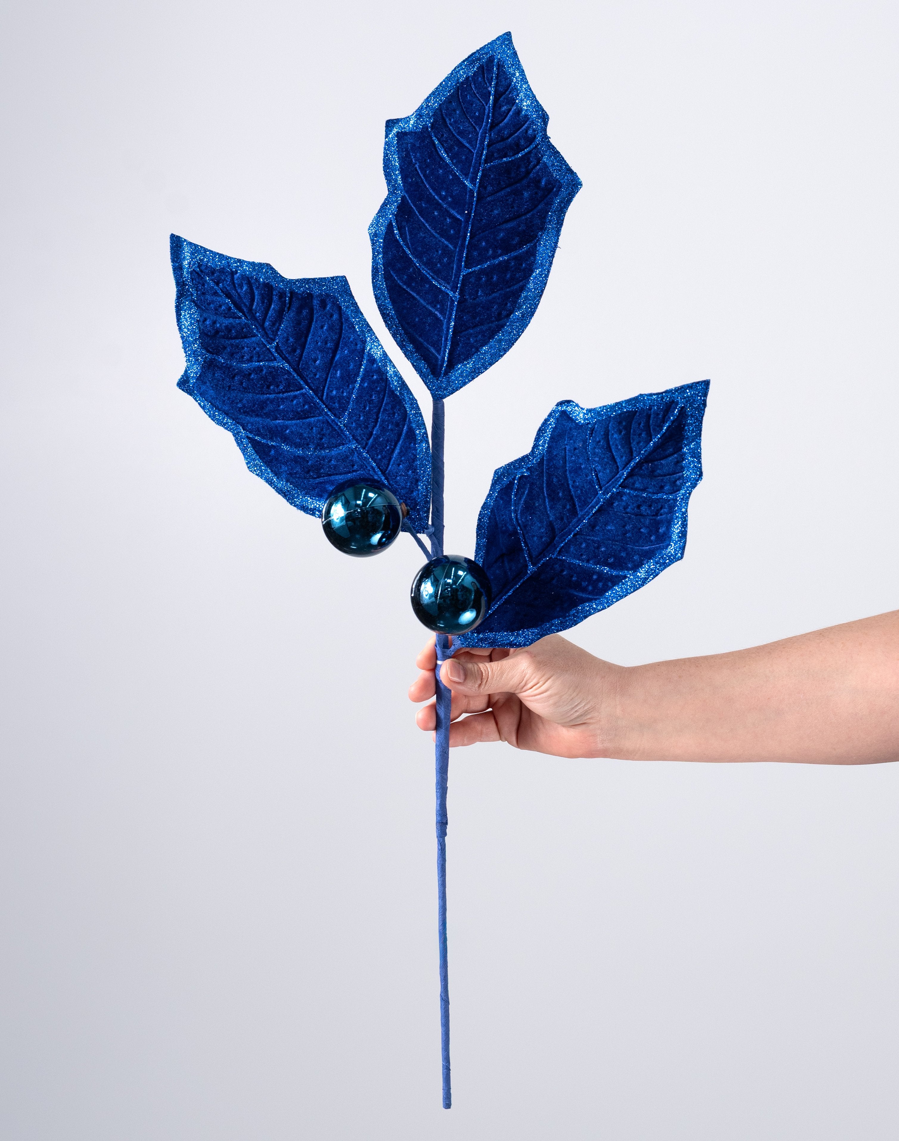 27" Velvet Holly Leaves Spray: Royal Blue detail photo 3
