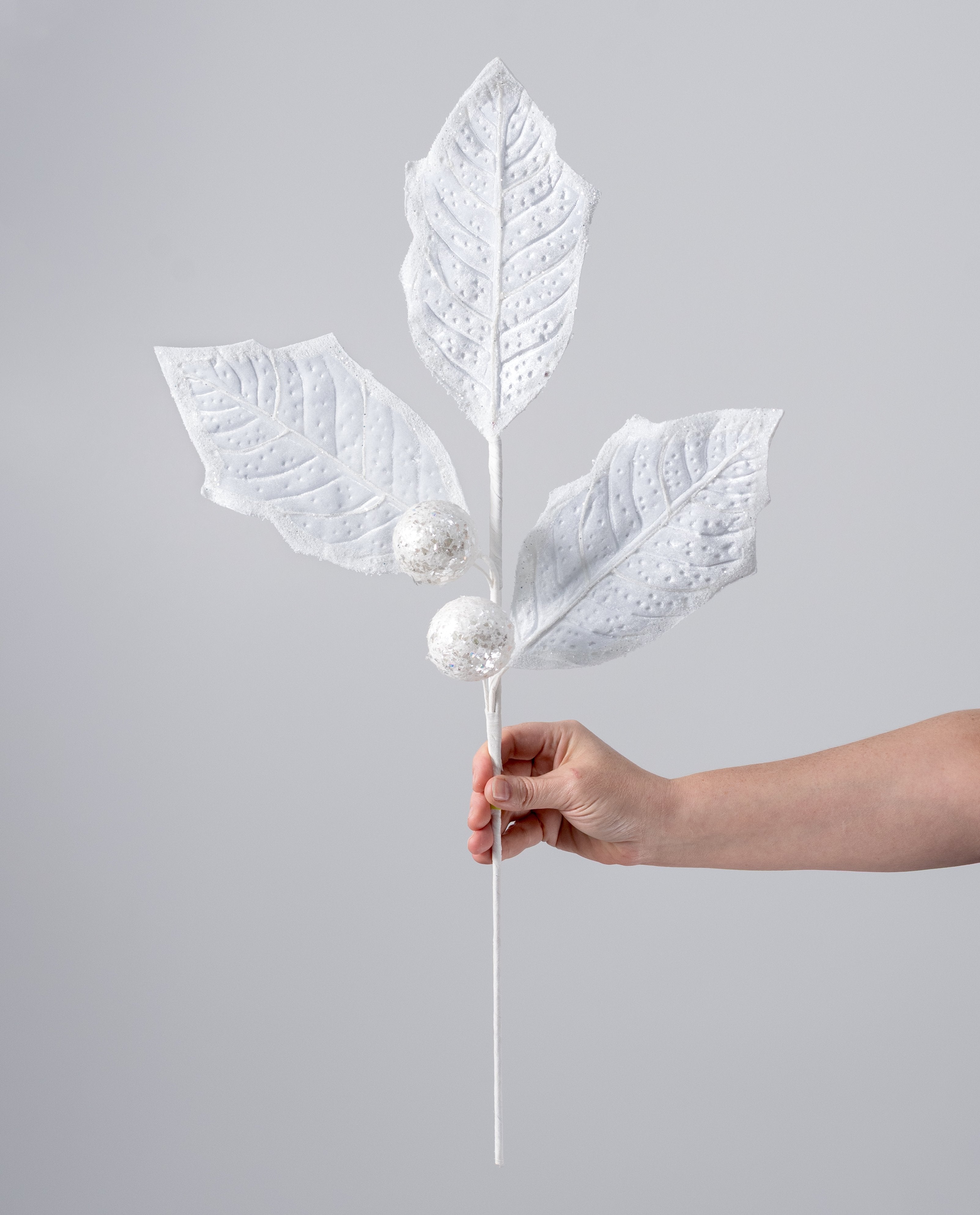 27" Velvet Holly Leaves Spray: White detail photo 3