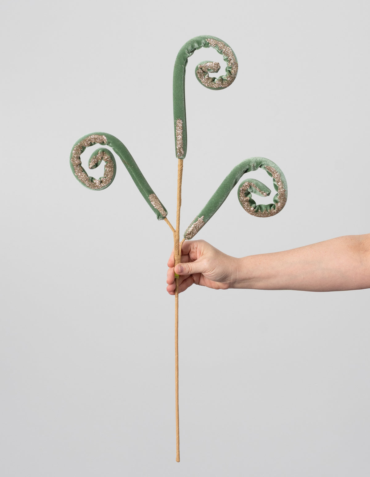28" Glittered Velvet Spiral Curly Spray: Sage Green & Gold detail photo 3