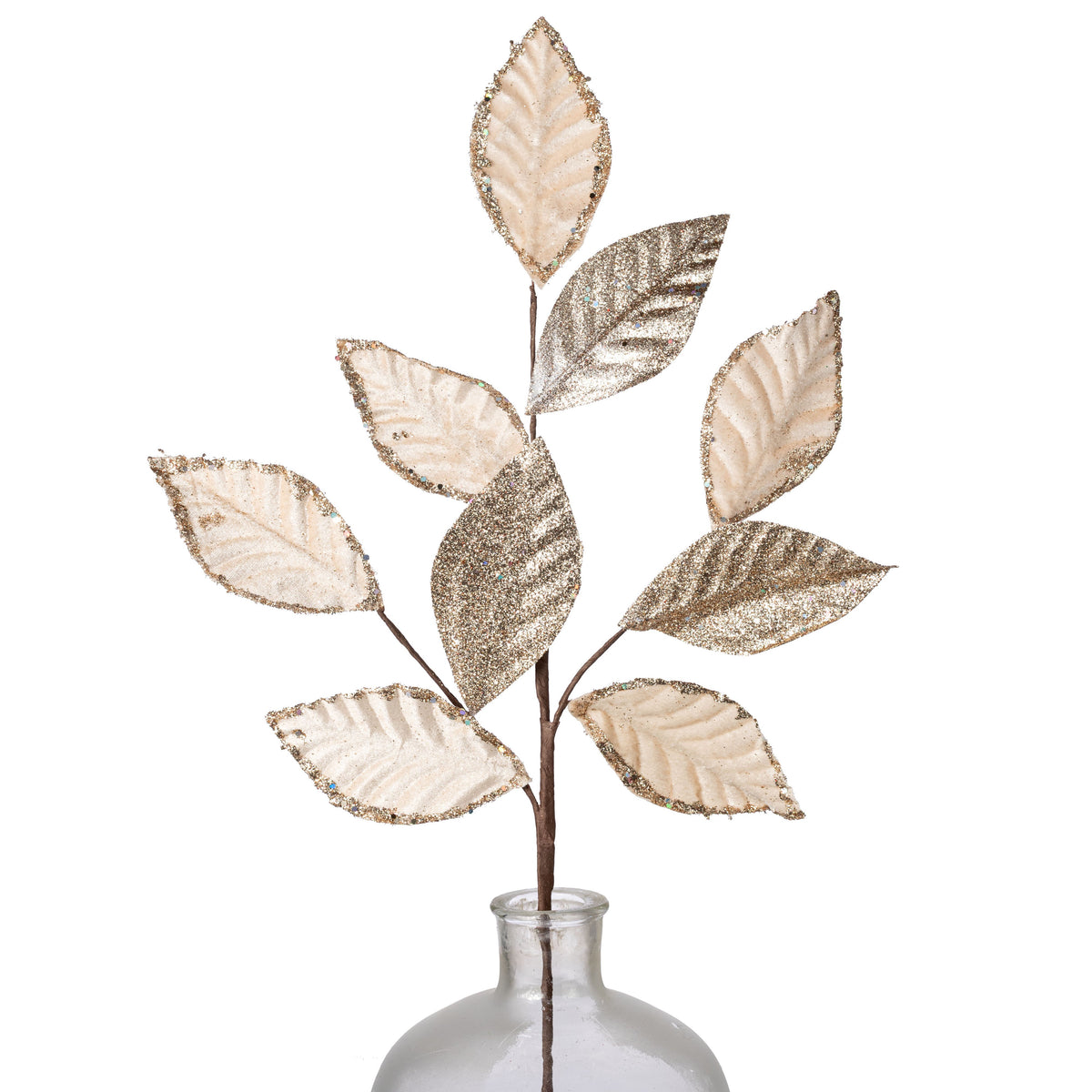 28" Mixed Velvet & Glitter Leaf Spray: Cream & Champagne Item Number: 276823