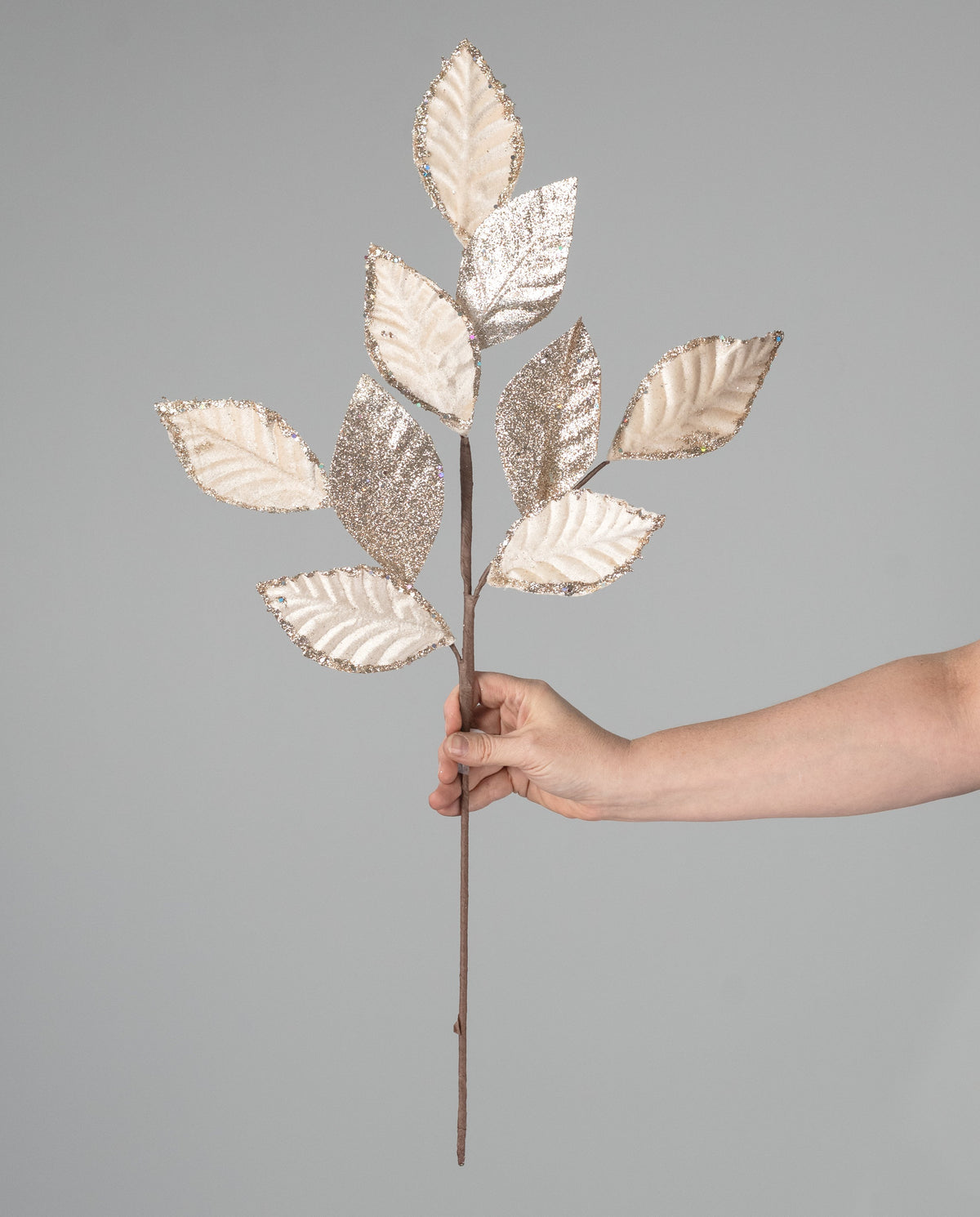 28" Mixed Velvet & Glitter Leaf Spray: Cream & Champagne detail photo 3