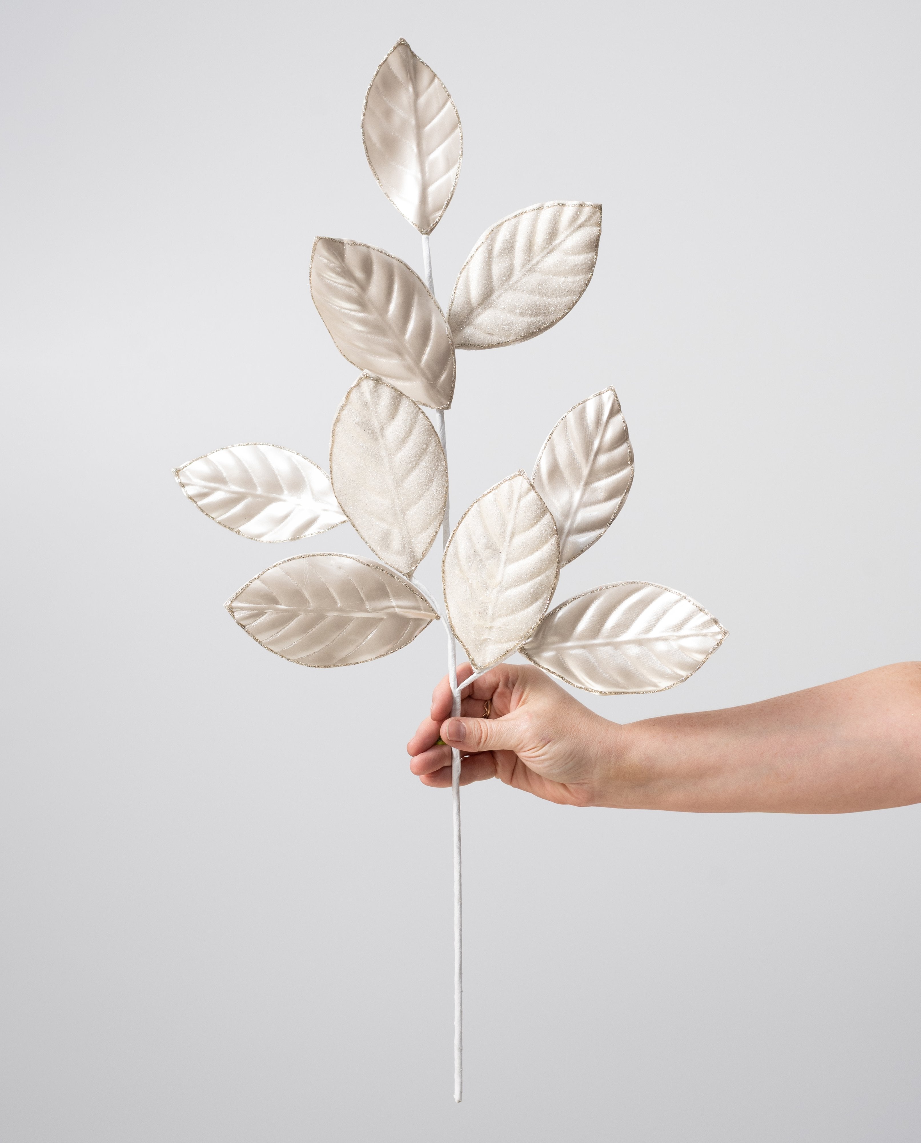 28" Sparkle Magnolia Leaves Spray: Ivory detail photo 3