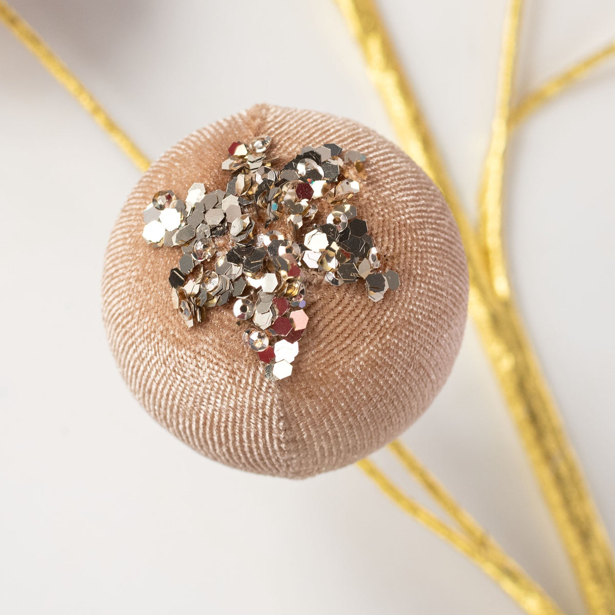 28" Velvet Sequin Drip Ball Spray: Taupe Tan & Gold Lifestyle Photo