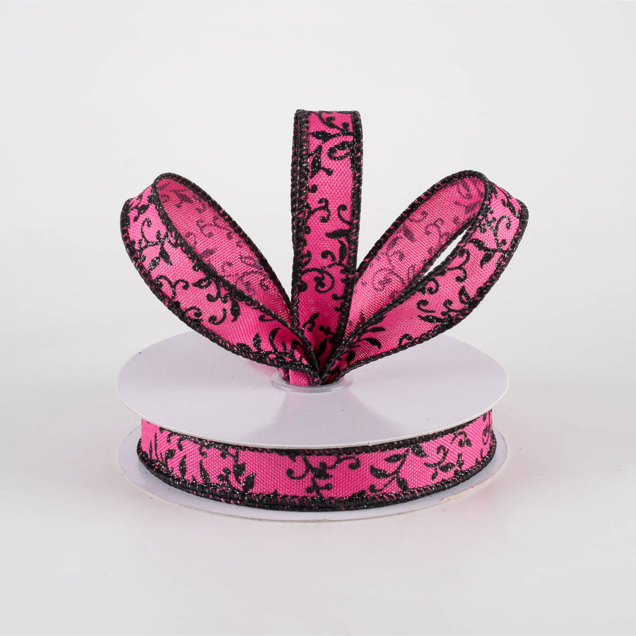 5/8" Glitter Mini Leaf Vines Ribbon: Fuchsia Pink & Black (10 Yards)