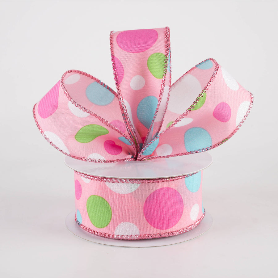 1.5" Varied Polka Dots Ribbon: Fuchsia, Lime, Blue & White on Pink (10 Yards)