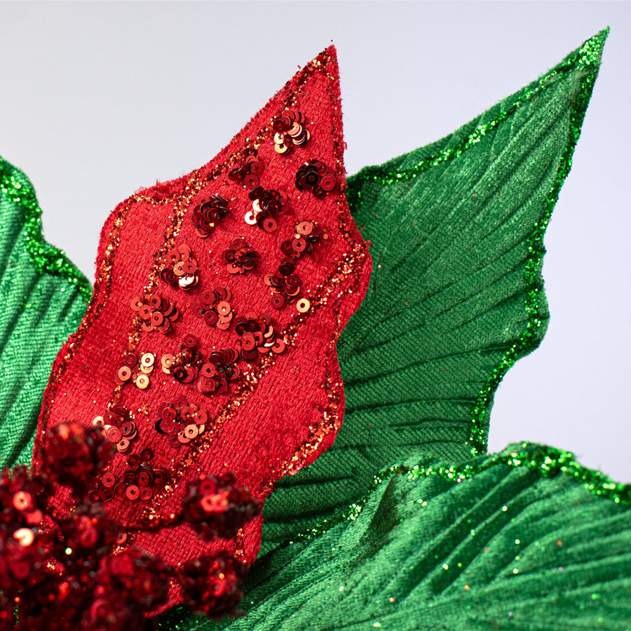 14" x 26" Velvet Sequin Poinsettia Stem: Red & Emerald Green