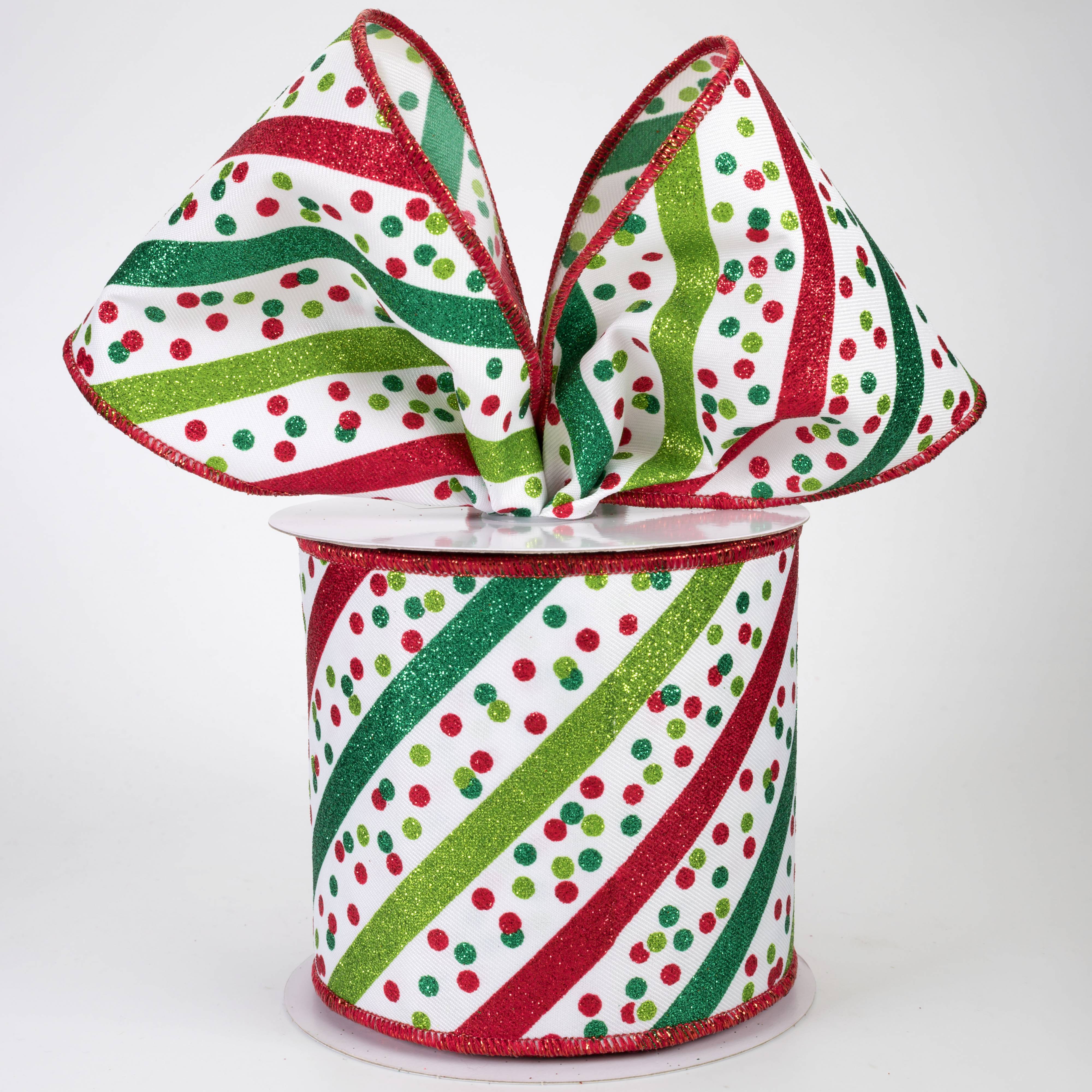 4" Diagonal Glitter Stripes & Confetti Dots Ribbon: White, Green & Red (10 Yards)