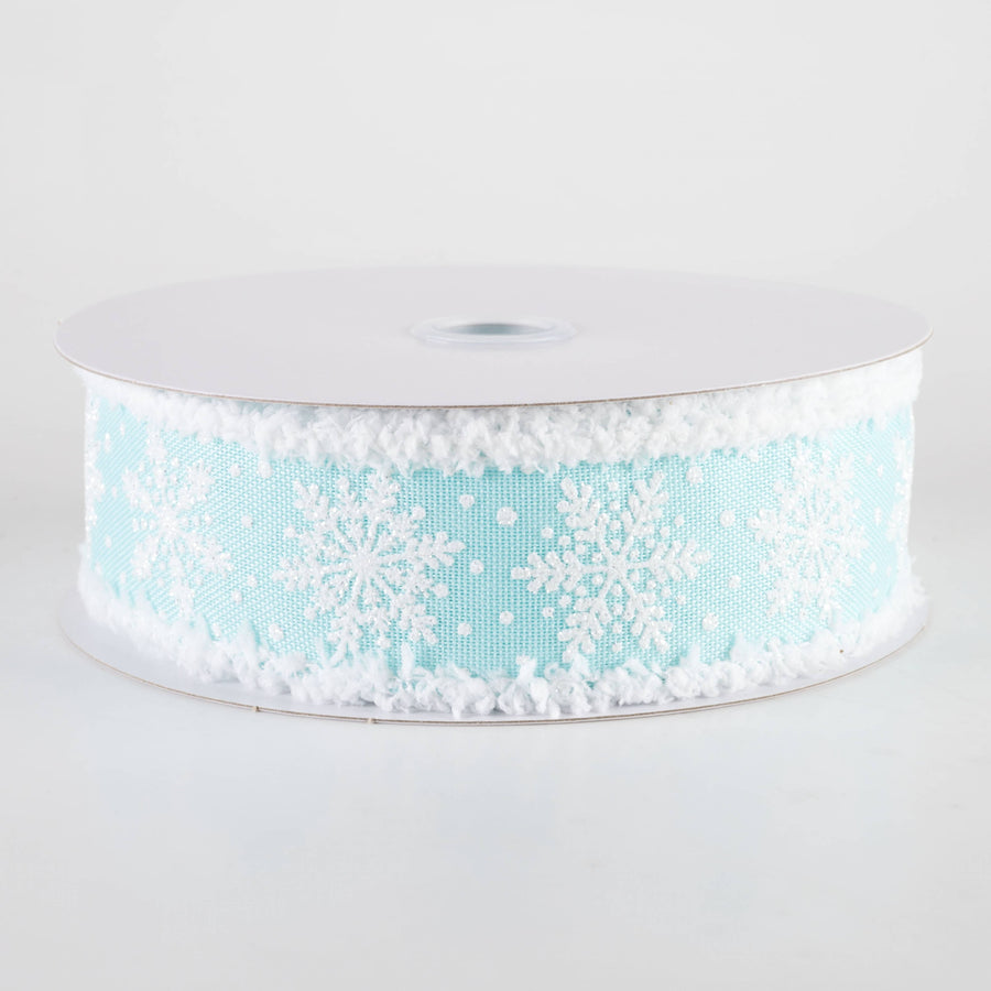 1.5" Snowflakes on Drift Fuzzy Edge Ribbon: Ice Blue (10 Yards)