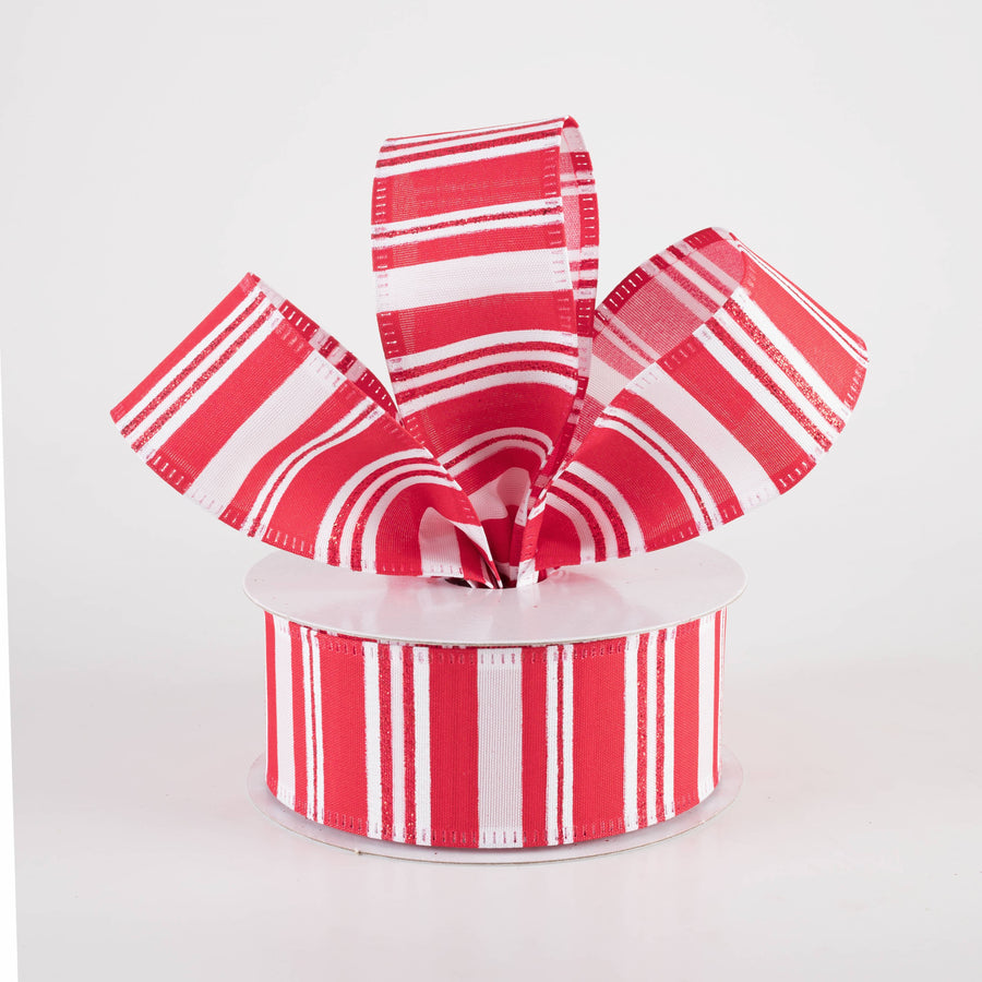 1.5" Glittered Candy Stripes Ribbon: Red & White (10 Yards)