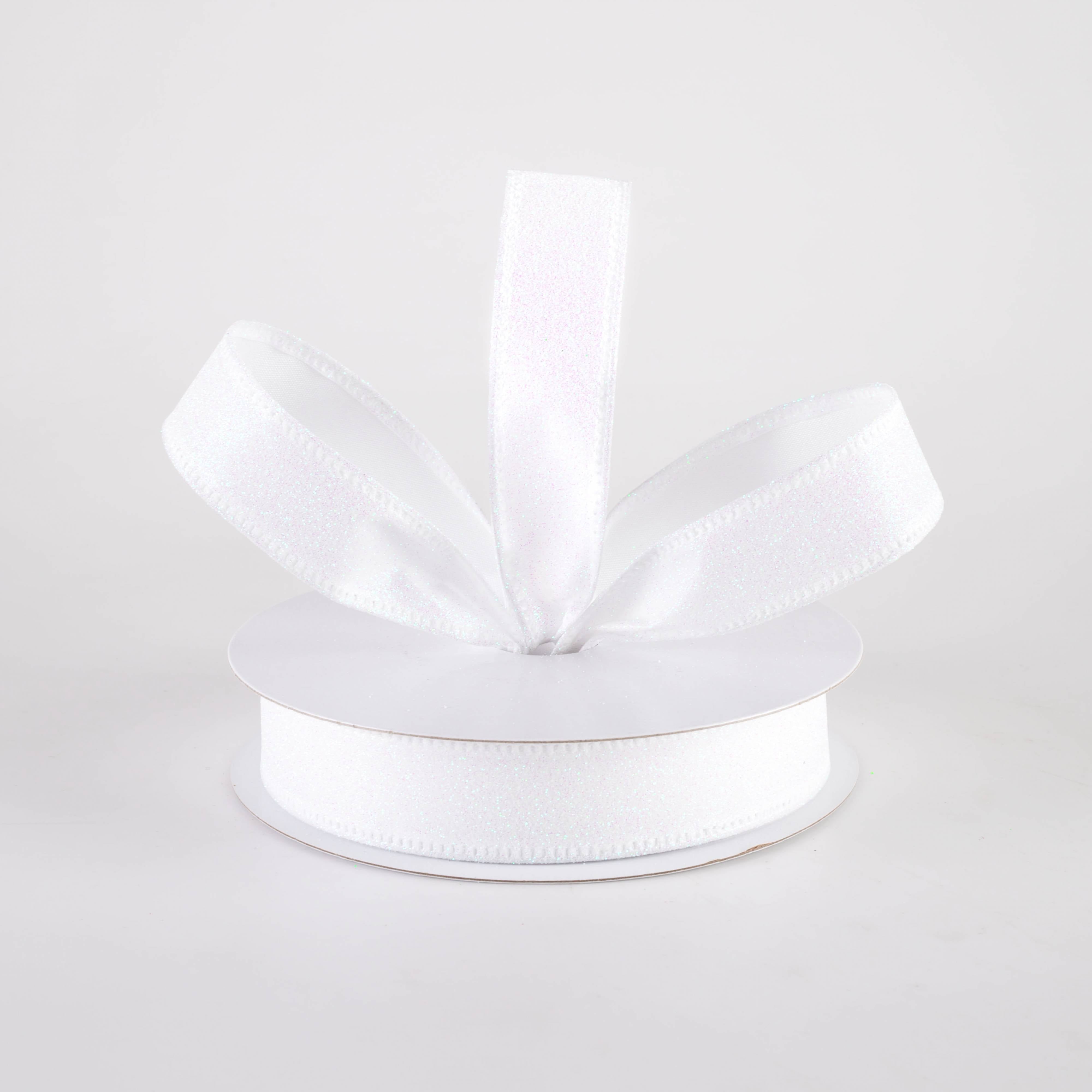 7/8" All Flat Glitter Wired Ribbon: Iridescent White (10 Yards)