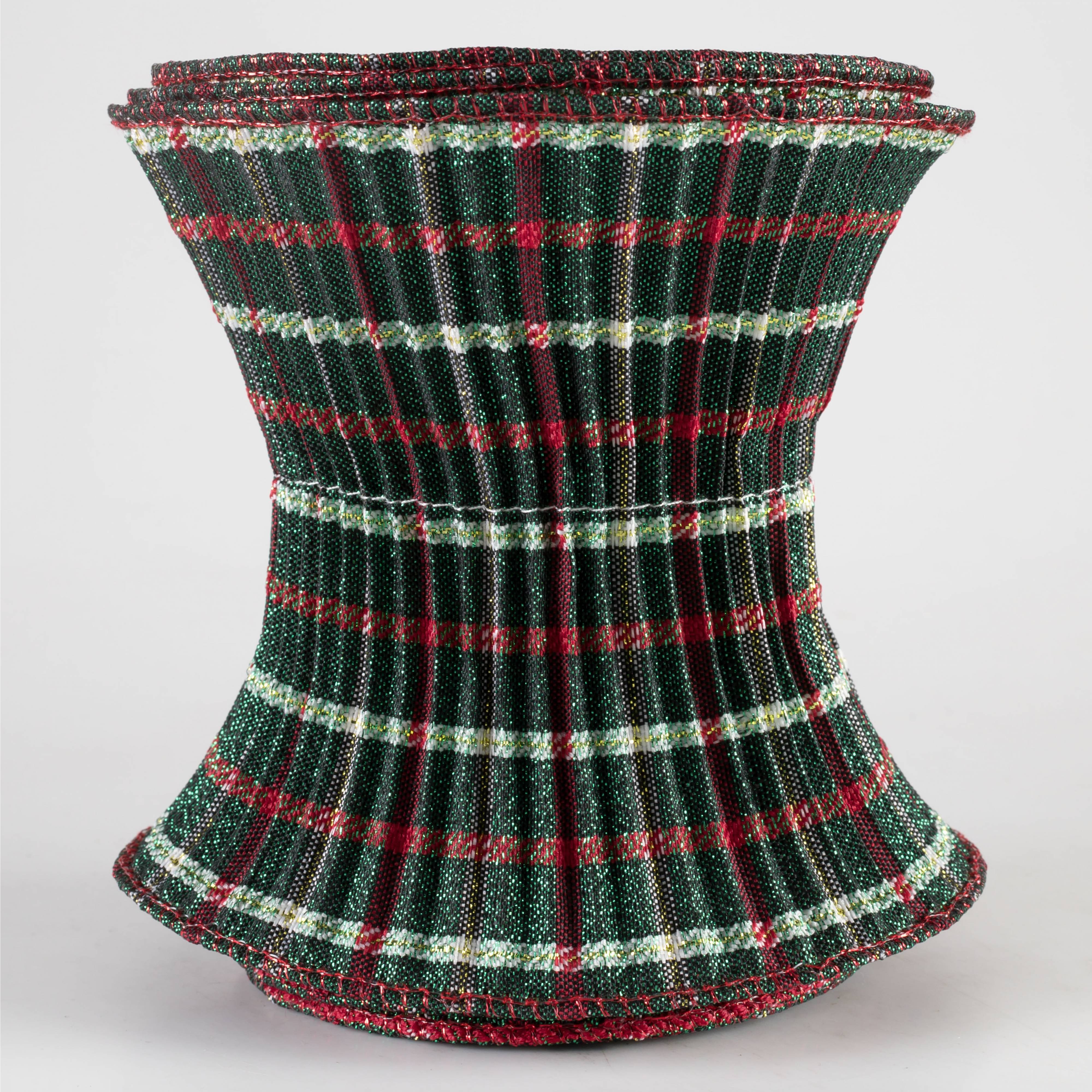5" Pleated Plaid Ribbon: Emerald, Red & White (5 Yards)