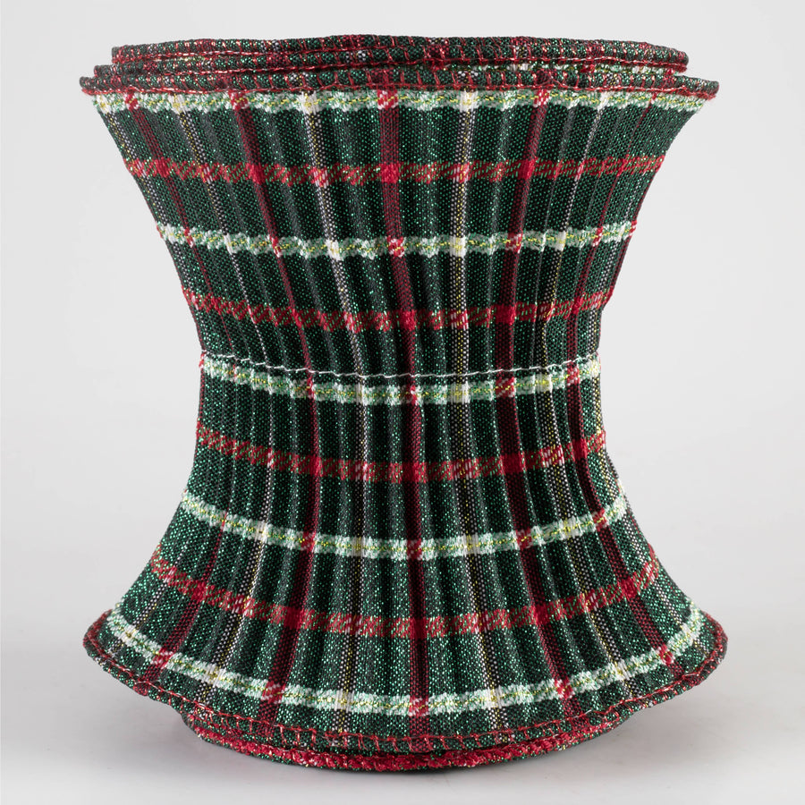 5" Pleated Plaid Ribbon: Emerald, Red & White (5 Yards)