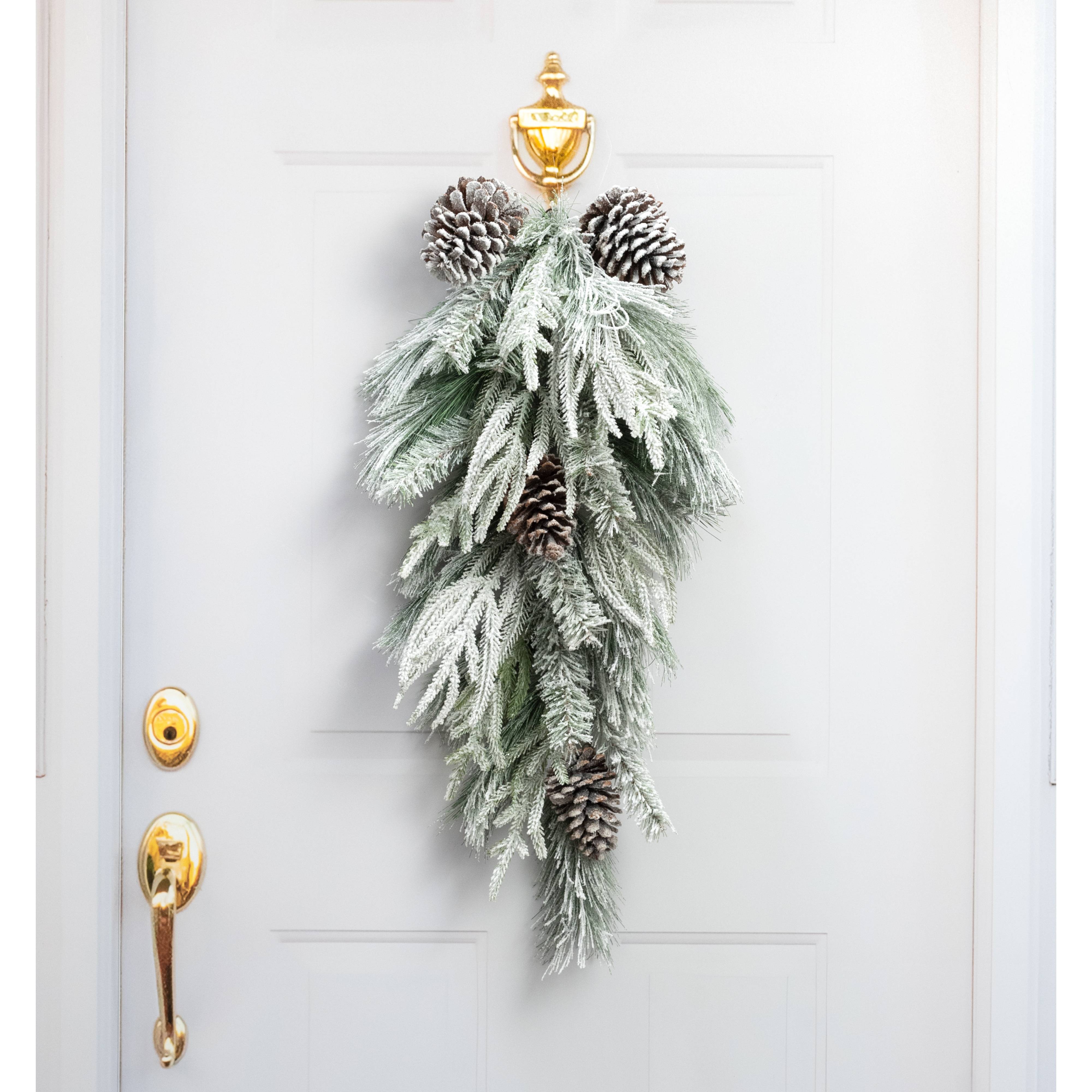 30" Flocked Mixed Pine & Cone Teardrop