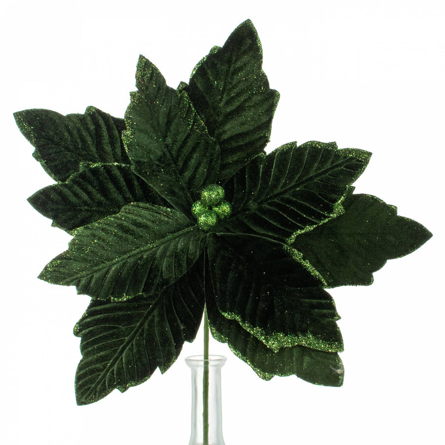 14" x 16" Velvet Poinsettia Stem: Hunter Green