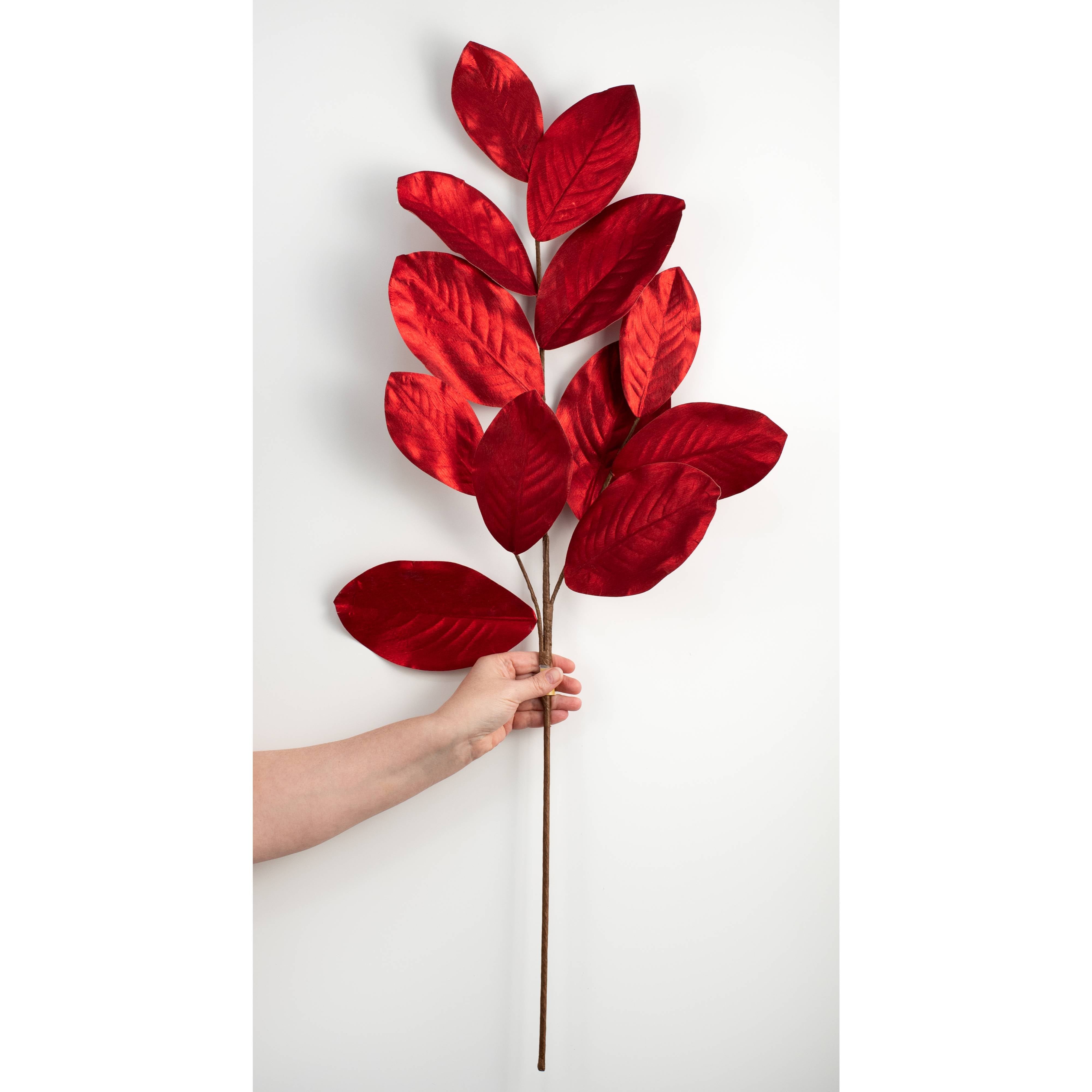37" Metallic Fabric Magnolia Leaves Spray: Red