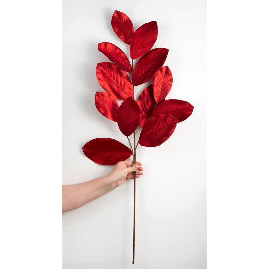 37" Metallic Fabric Magnolia Leaves Spray: Red