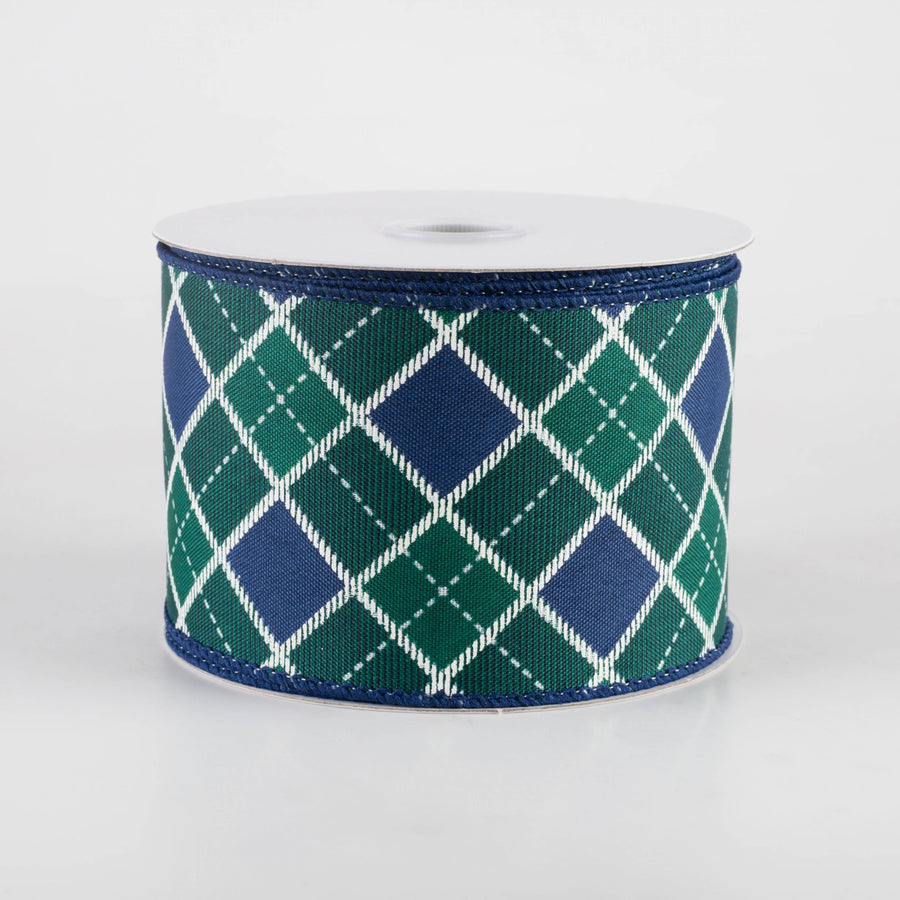 2.5" Diagonal Bonnie Check Ribbon: Navy, Green & White (10 Yards)