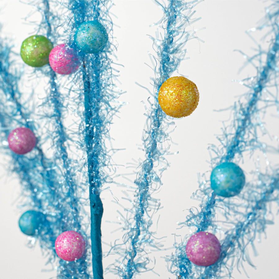 31" Tinsel & Glitter Balls Filler Spray: Blue & Multicolor Candy