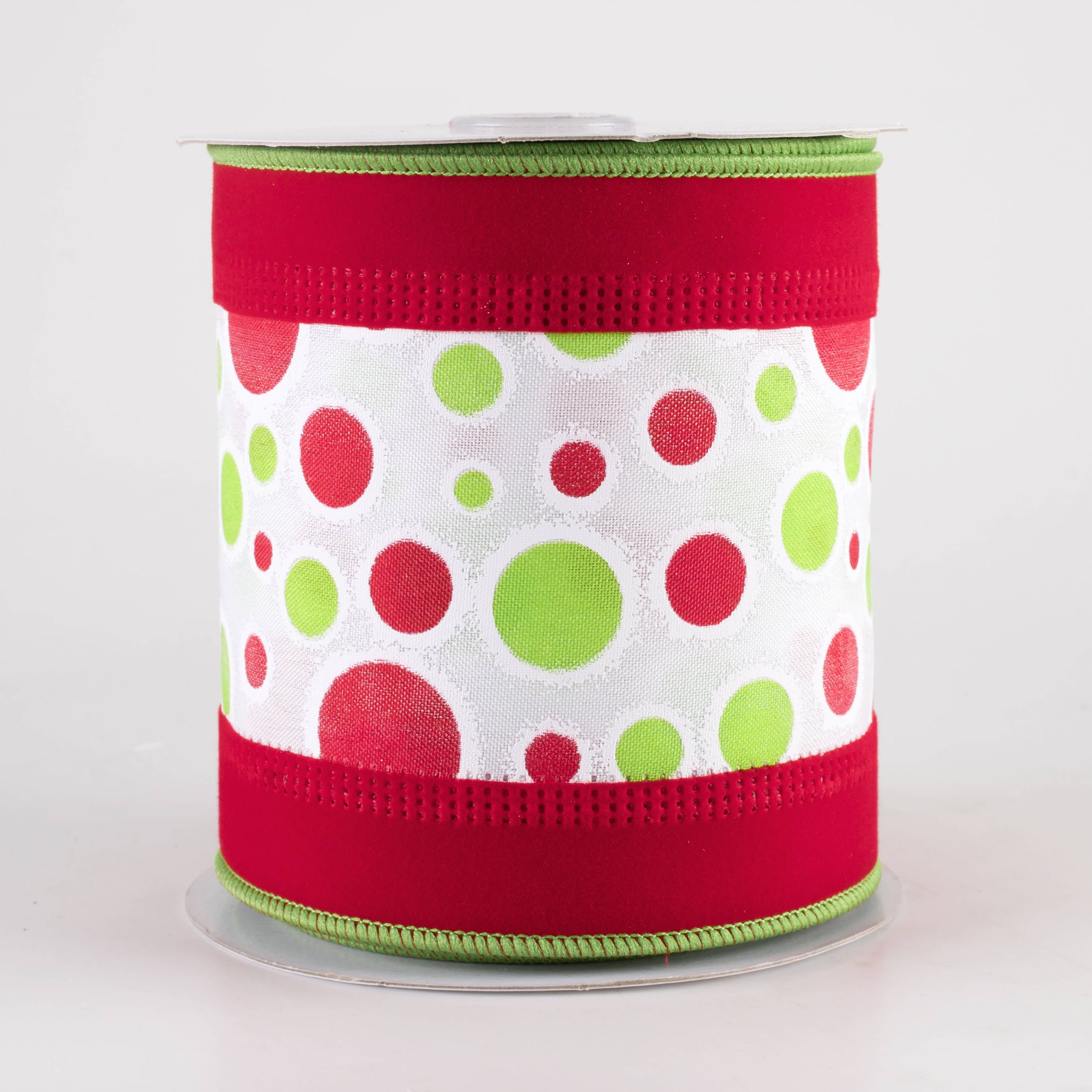 4" Velvet Edge Polka Dots Ribbon: Red, Lime & White (10 Yards)