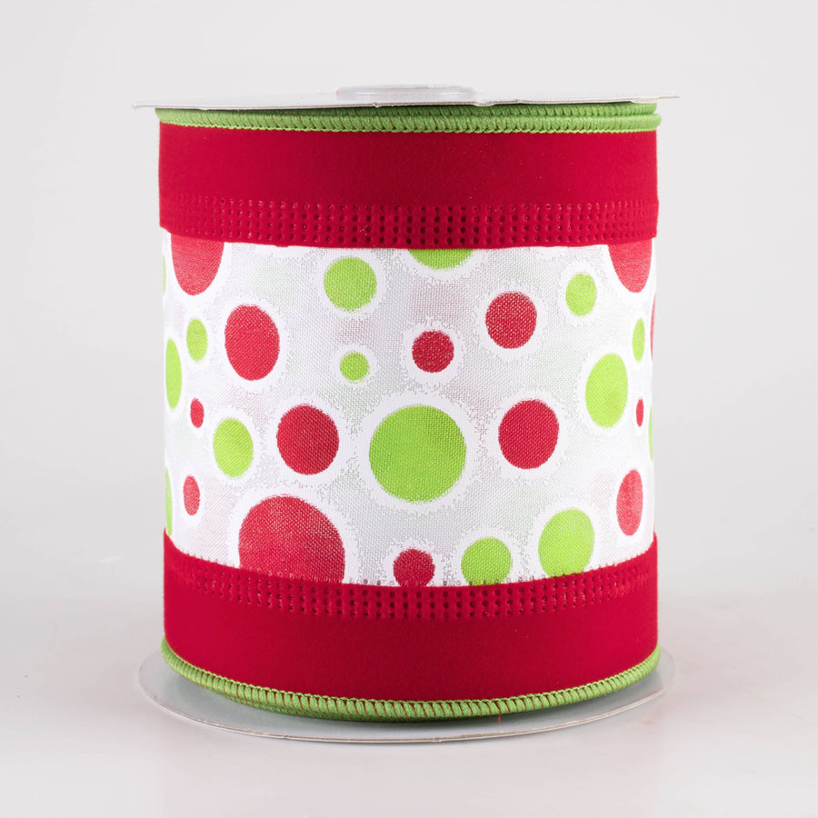 4" Velvet Edge Polka Dots Ribbon: Red, Lime & White (10 Yards)