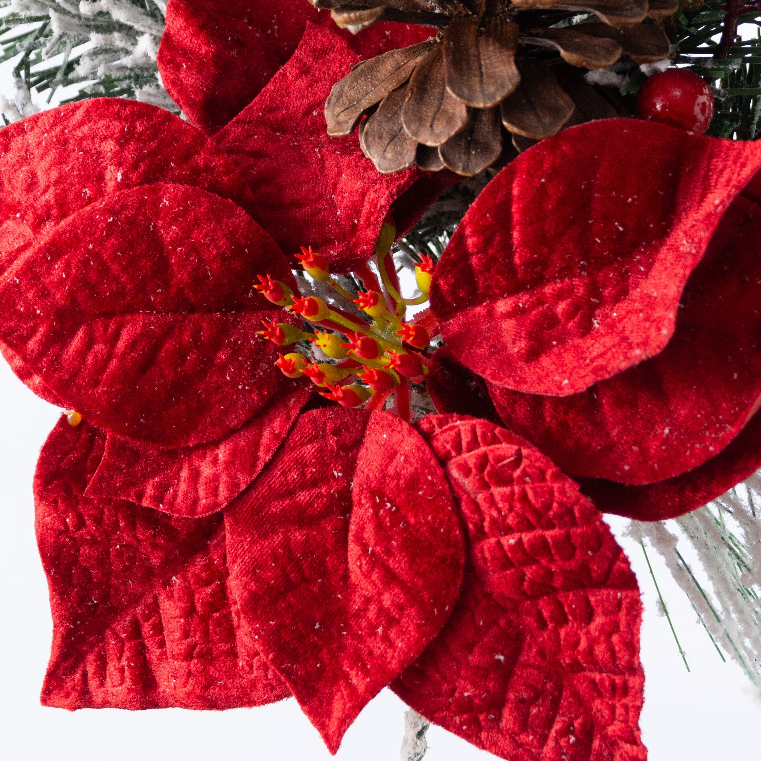 30" Mixed Flocked Pine & Pinecone Poinsettia Spray Lifestyle Photo