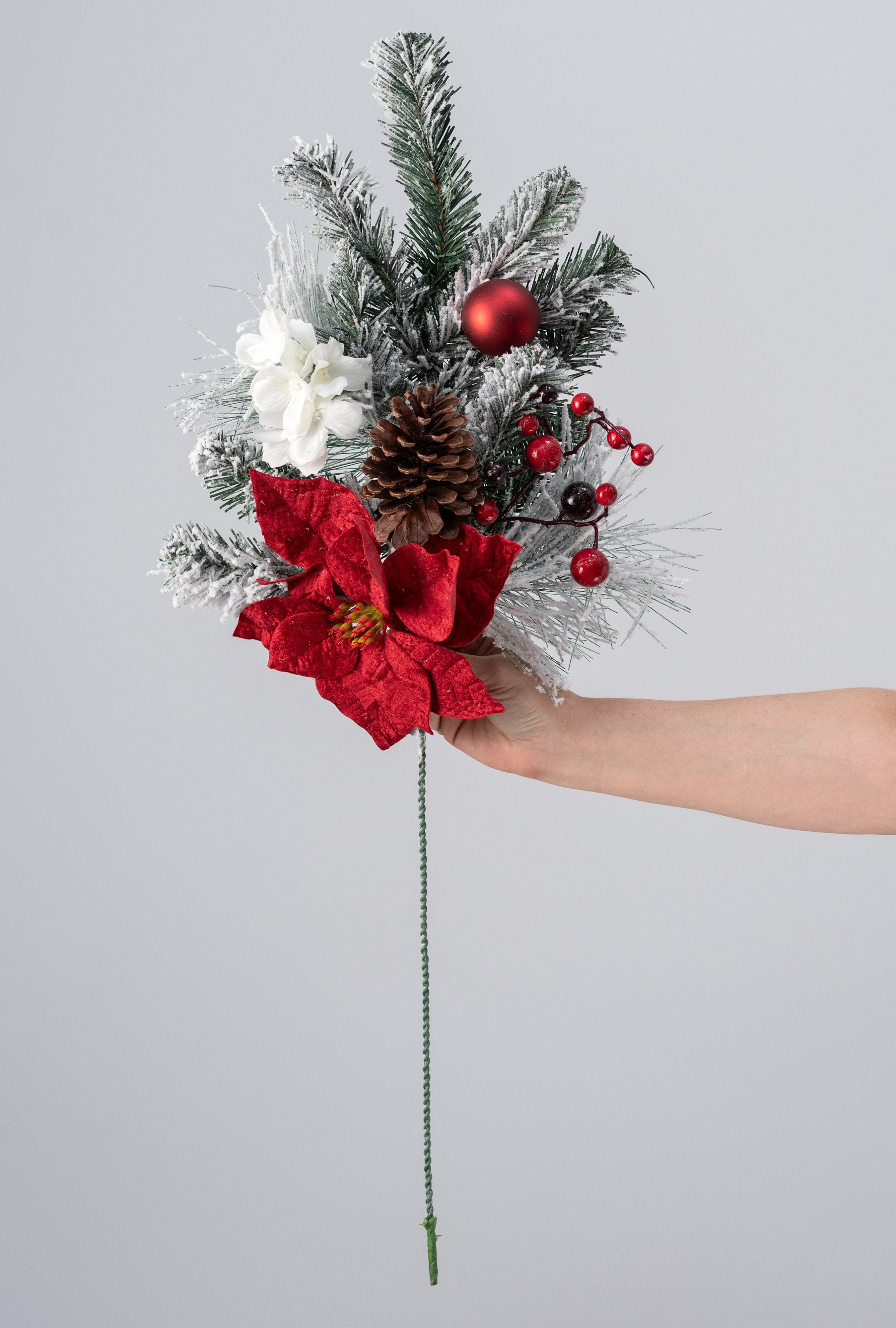 30" Mixed Flocked Pine & Pinecone Poinsettia Spray detail photo 3