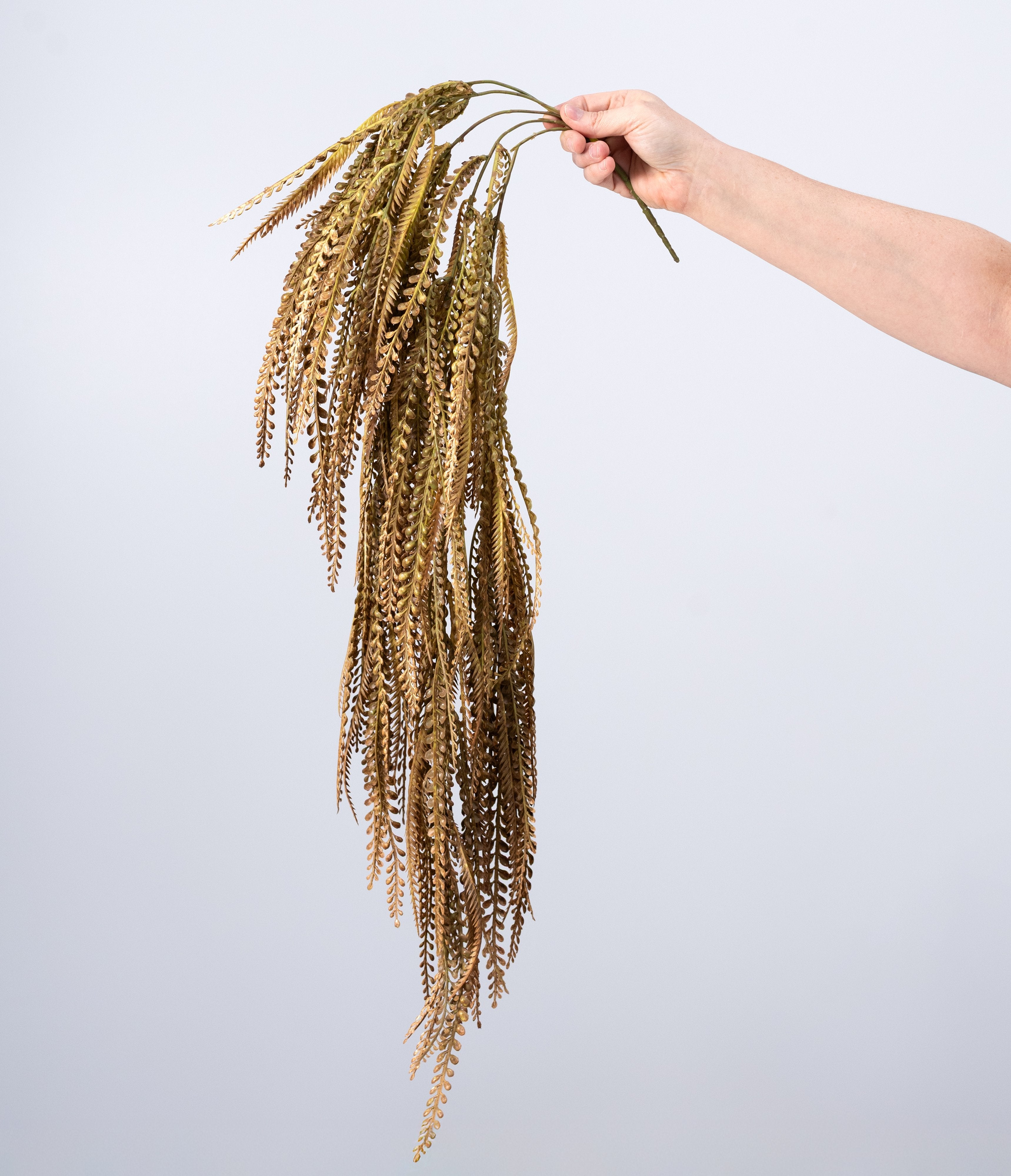 31" Plastic Leaves Button Fern Hanging Bush: Beige & Brown (5 Stem) detail photo 3