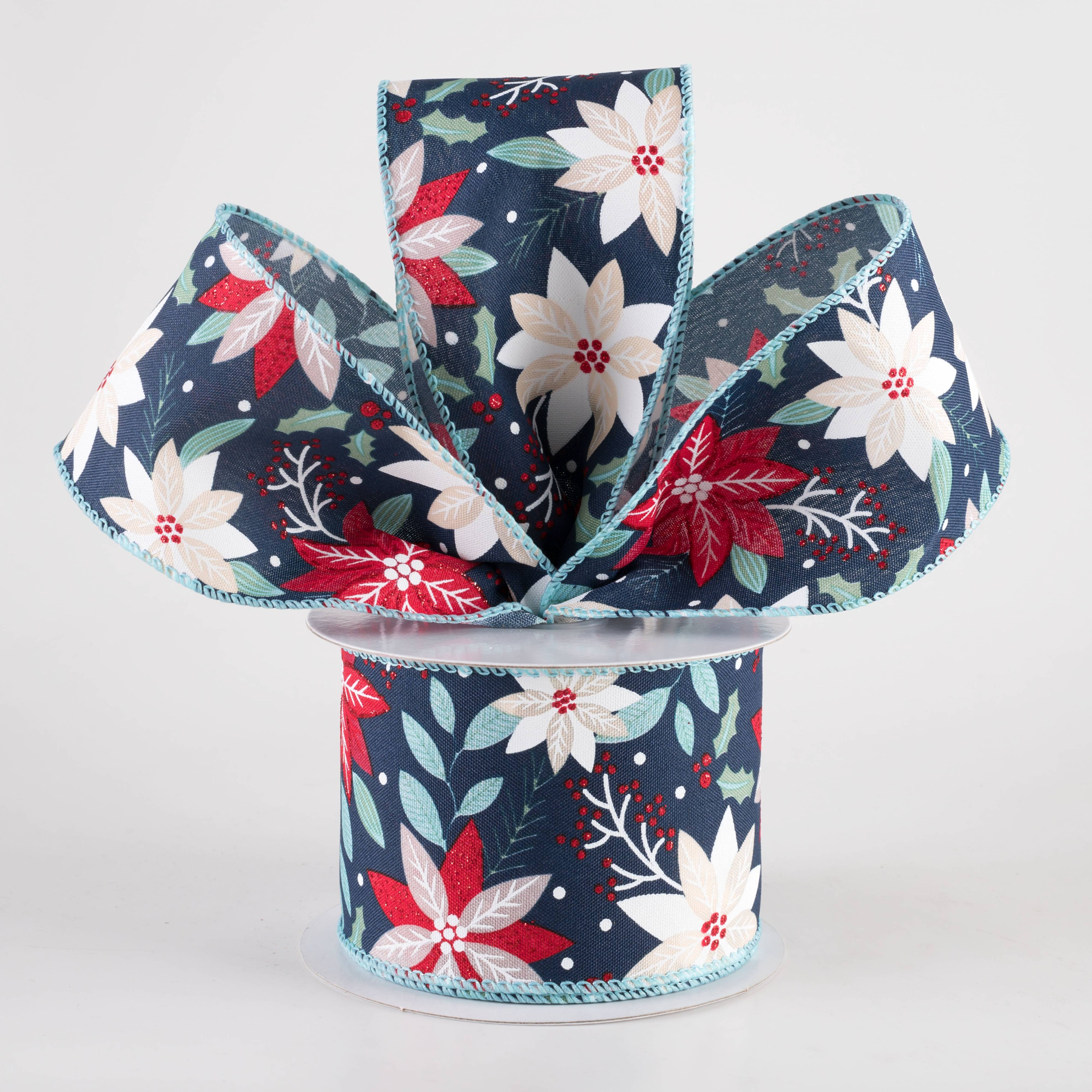 2.5" Holiday Poinsettia Ribbon: Navy (10 Yards)