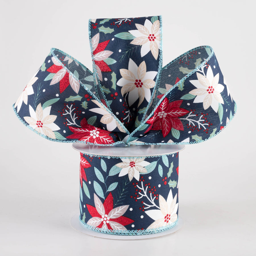 2.5" Holiday Poinsettia Ribbon: Navy (10 Yards)