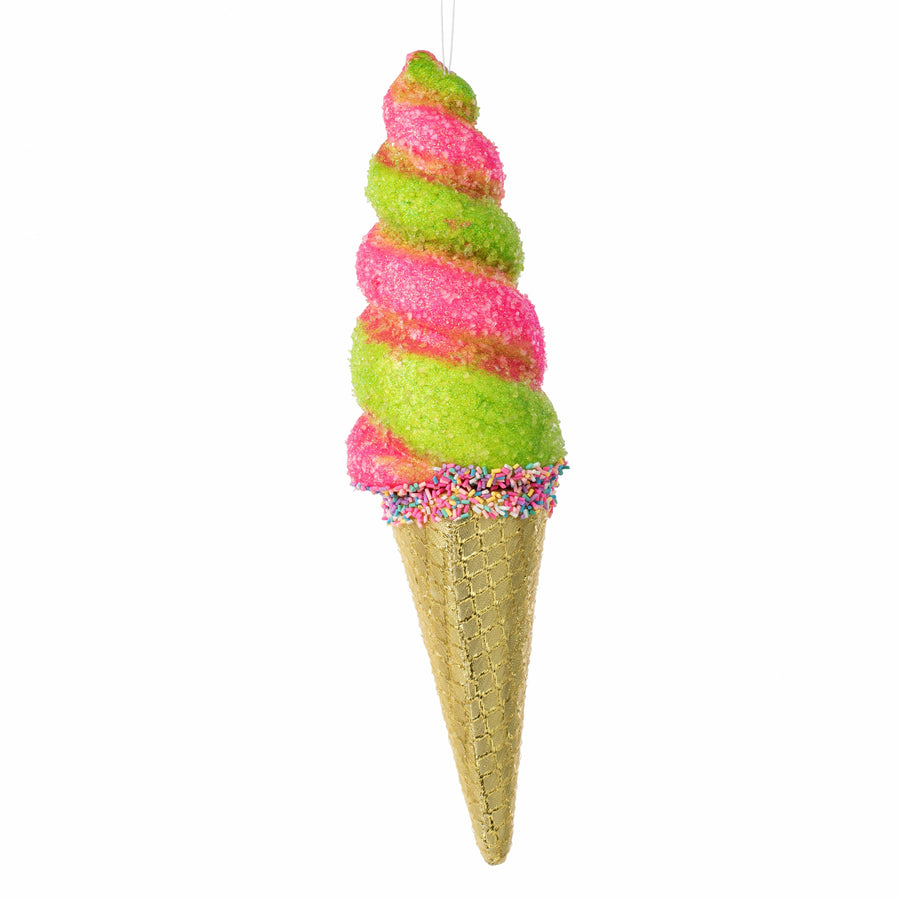 14" Swirl Ice Cream Cone Ornament: Pink & Green