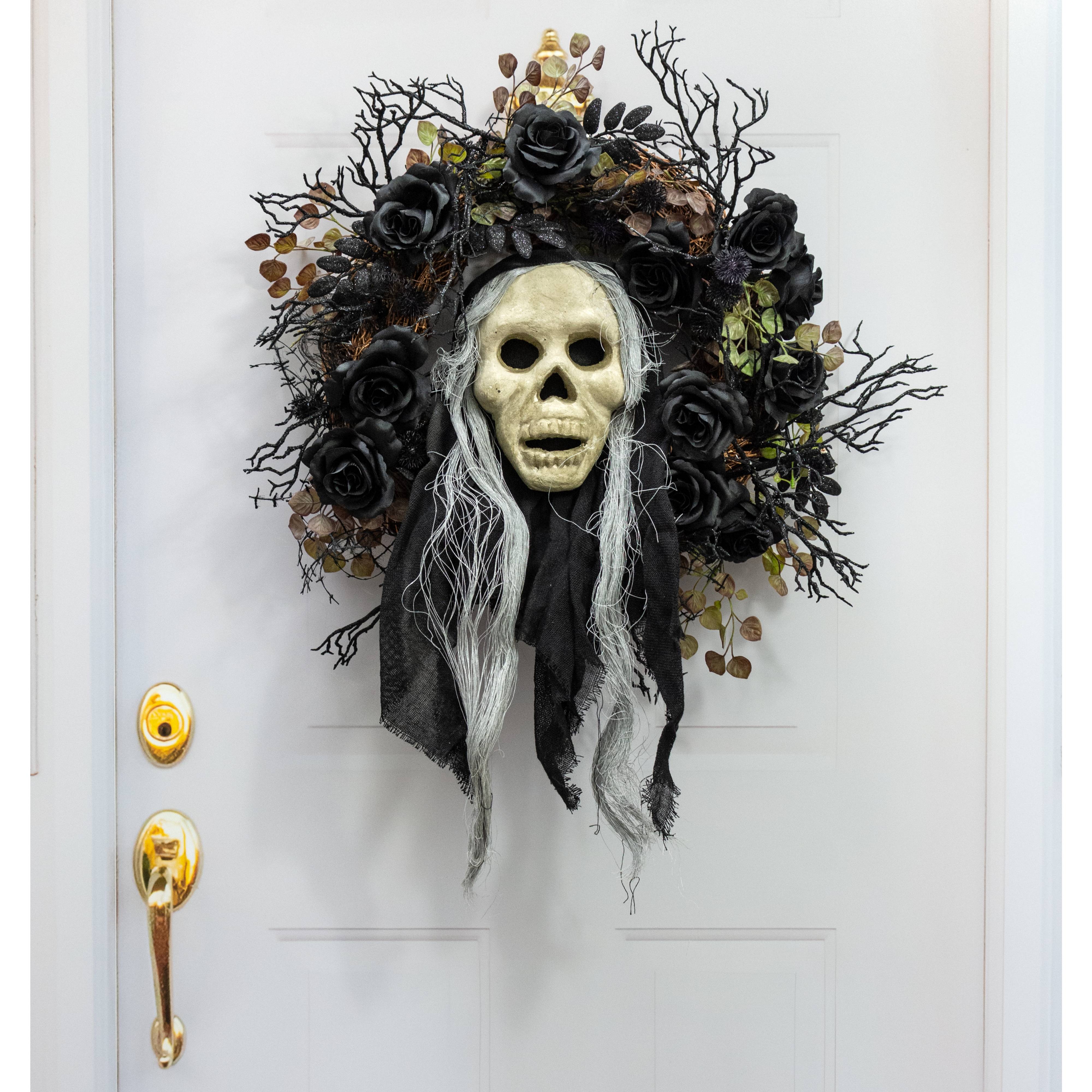 24" x 8" Styrofoam & Burlap Witch Skull: Grey & Black