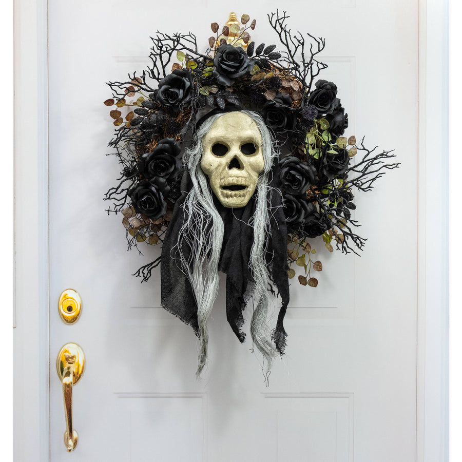 24" x 8" Styrofoam & Burlap Witch Skull: Grey & Black