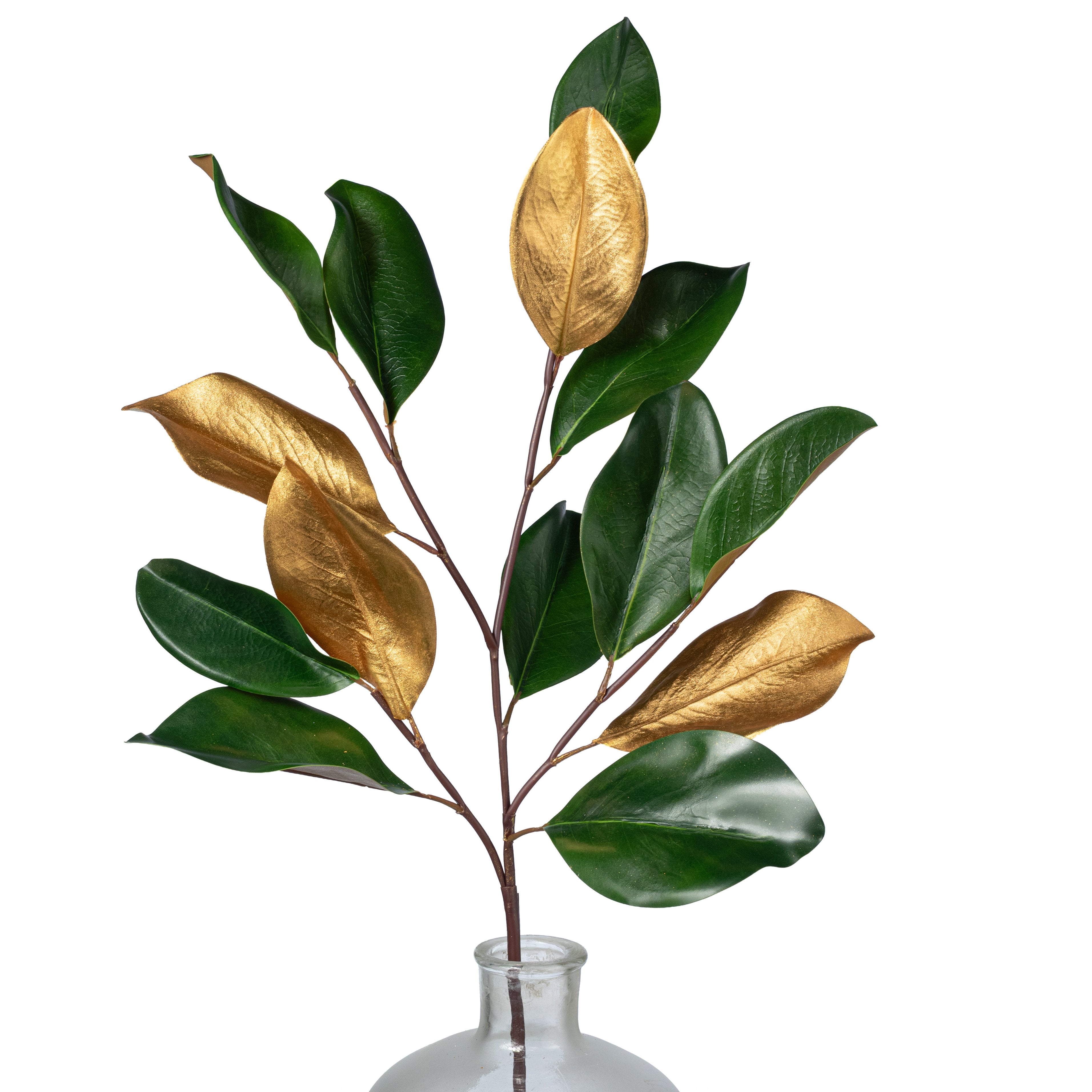 33" Artificial Magnolia Leaves Stem: Green & Metallic Gold Item Number: 2823032GG
