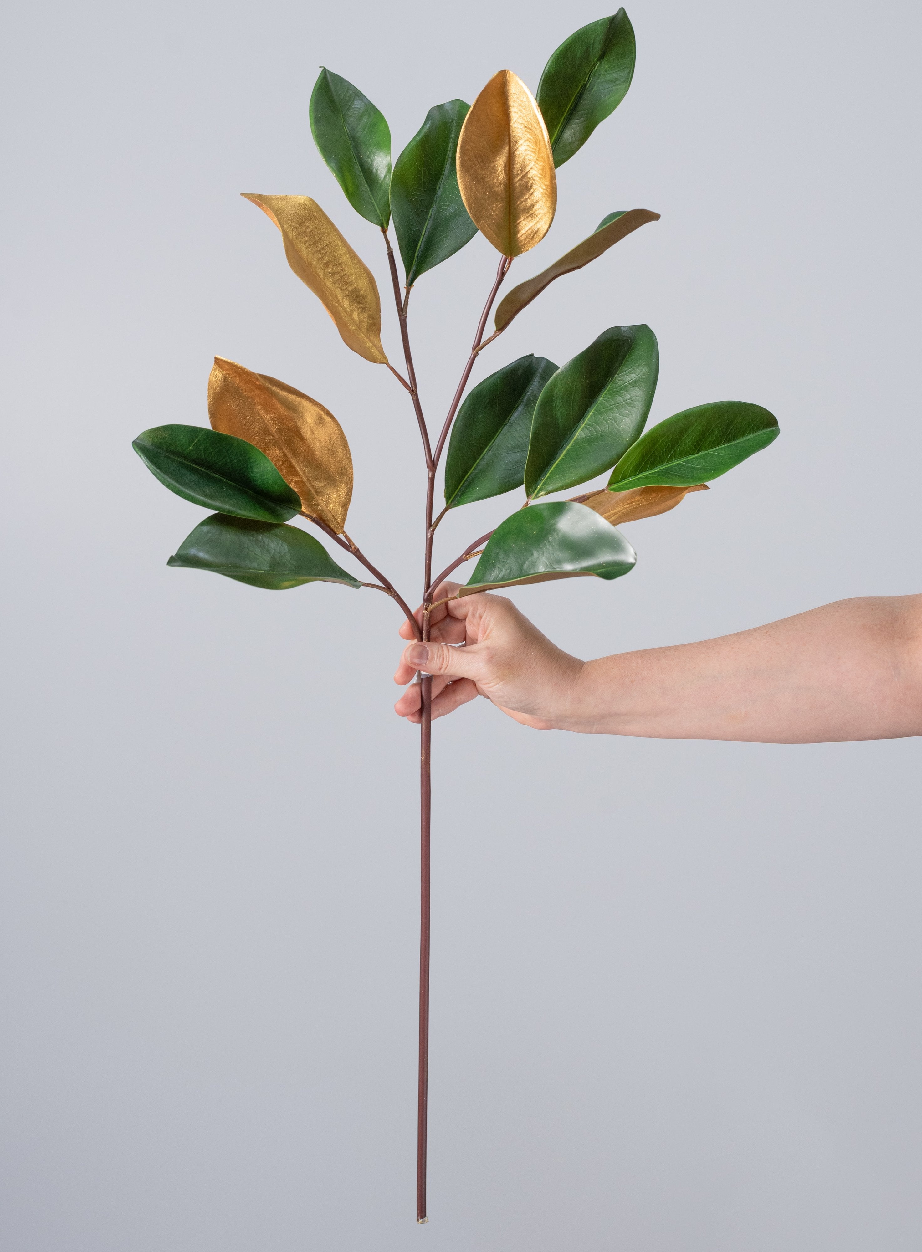 33" Artificial Magnolia Leaves Stem: Green & Metallic Gold detail photo 3