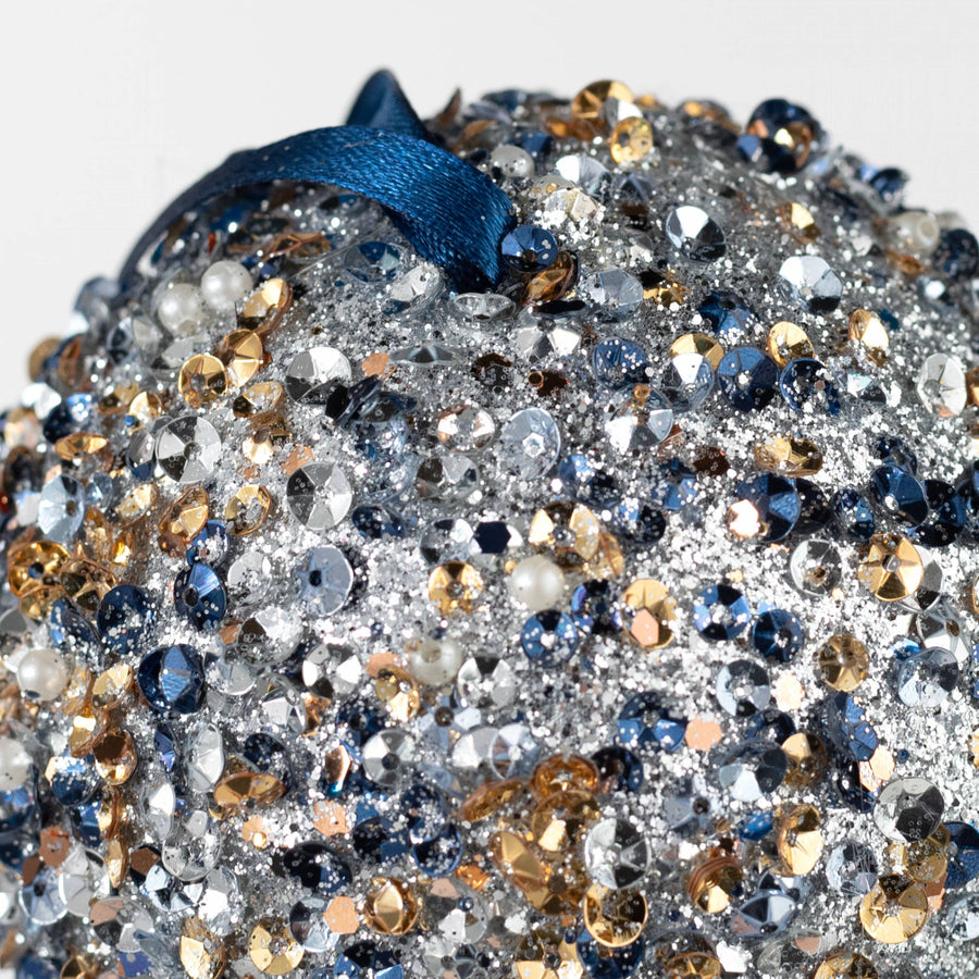 4" Sequin Glitter Ball Ornaments: Blue & Champagne (Box of 4)