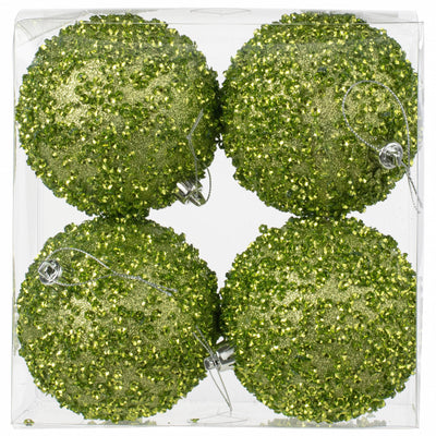 100mm Sequin & Glitter Ball Ornaments: Lime Green (Box of 4)