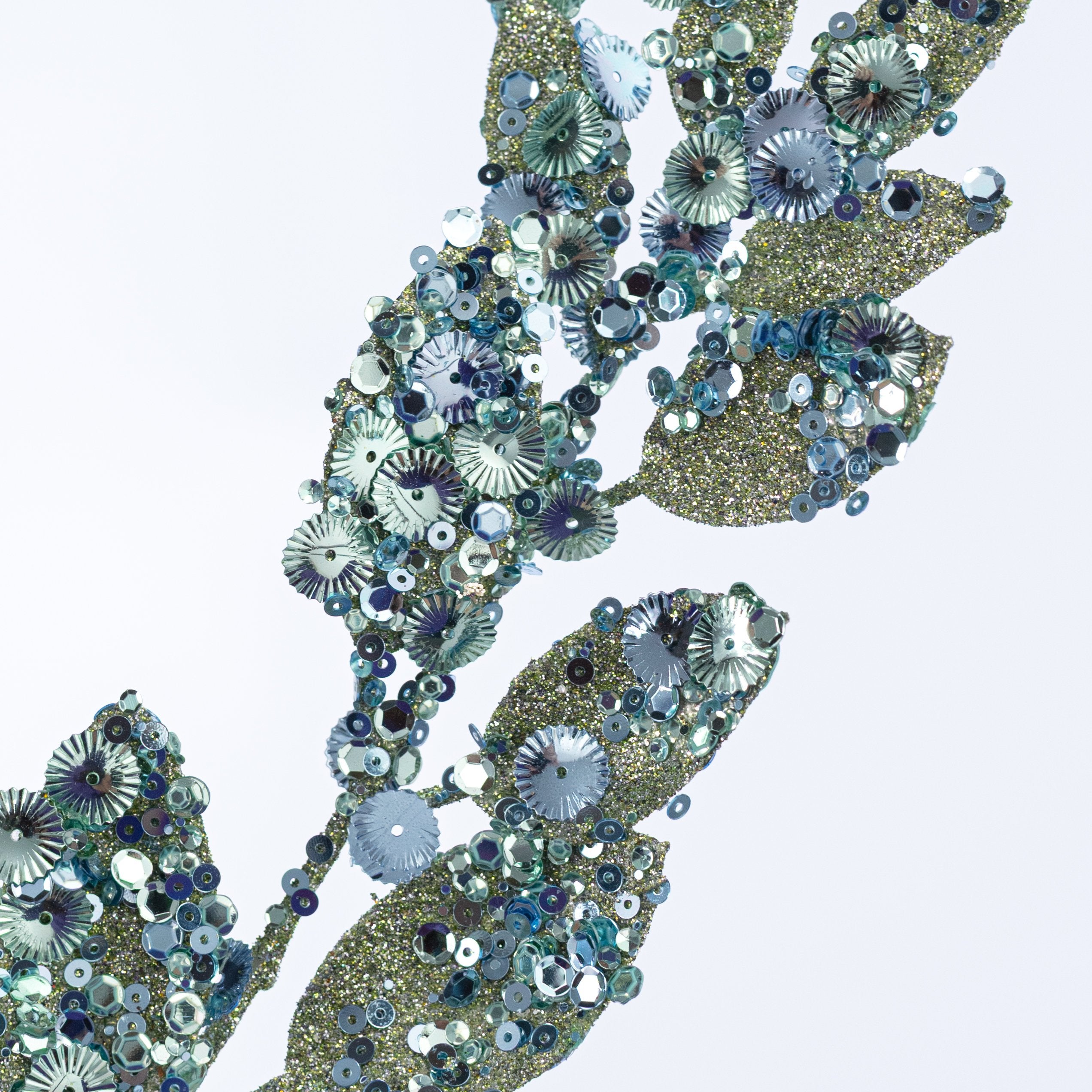 34" Sequin Glittered Leaf Spray: Aqua Blue Lifestyle Photo