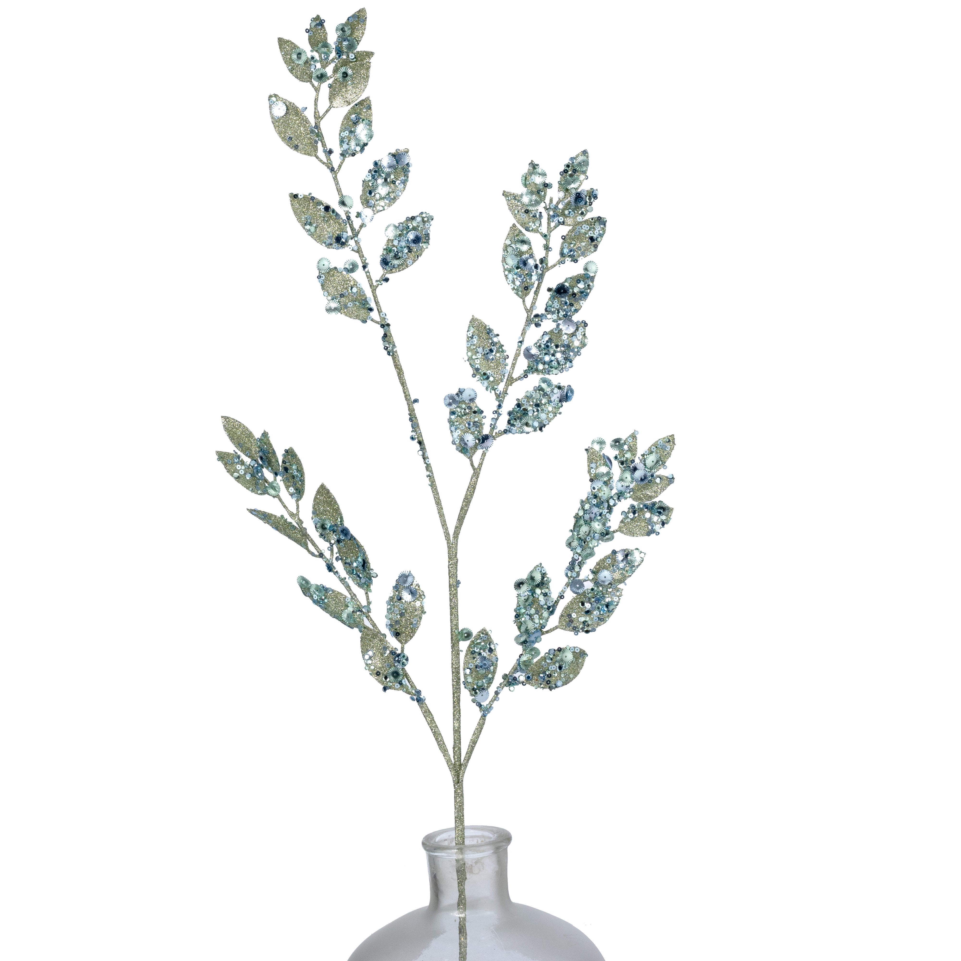 34" Sequin Glittered Leaf Spray: Aqua Blue Item Number: 254036