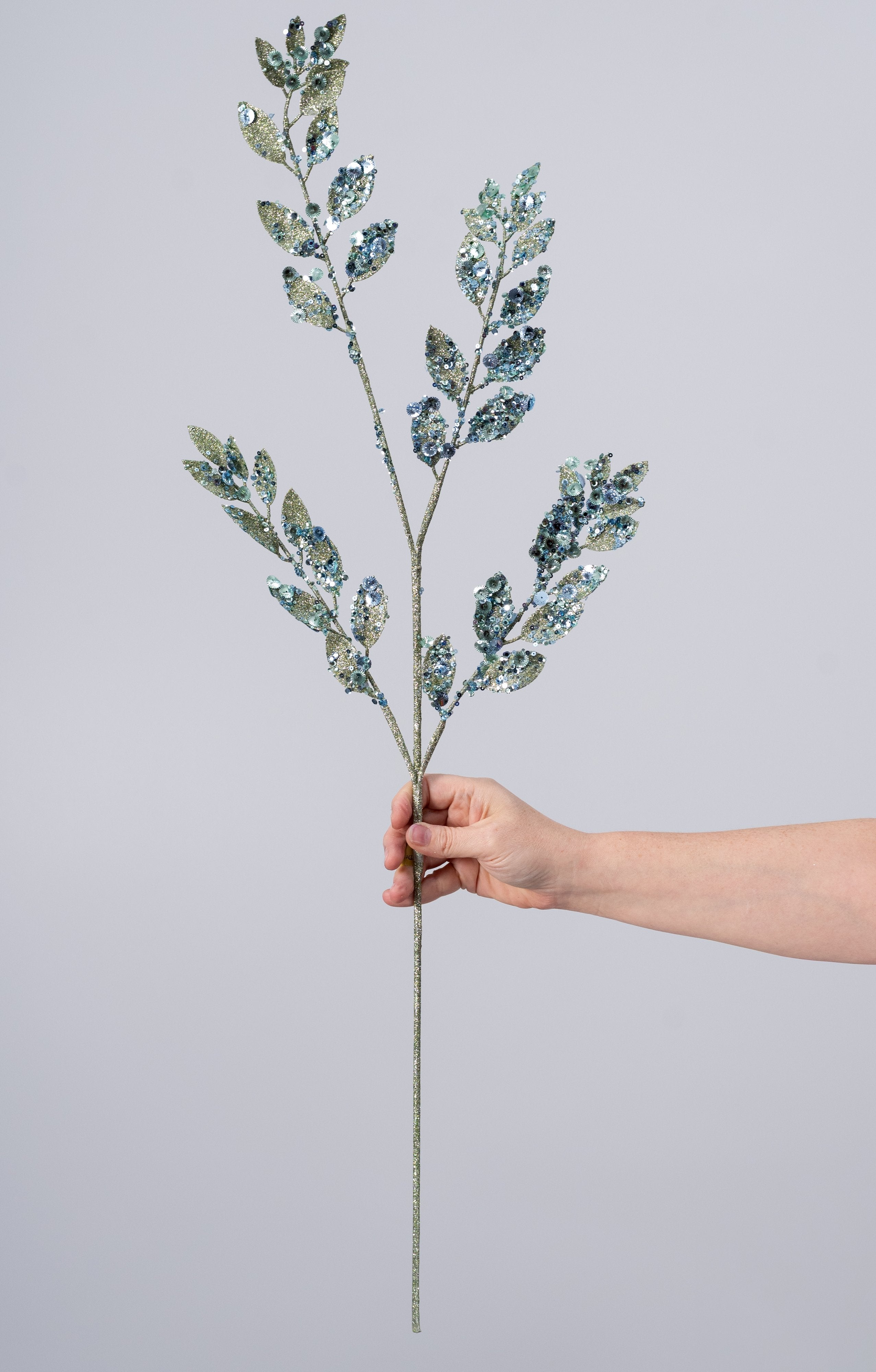 34" Sequin Glittered Leaf Spray: Aqua Blue detail photo 3
