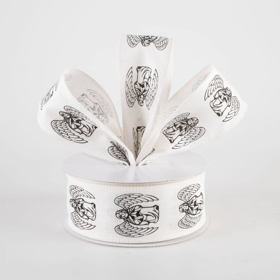 1.5" Linen Winged Angels Ribbon: Black on Ivory (10 Yards)