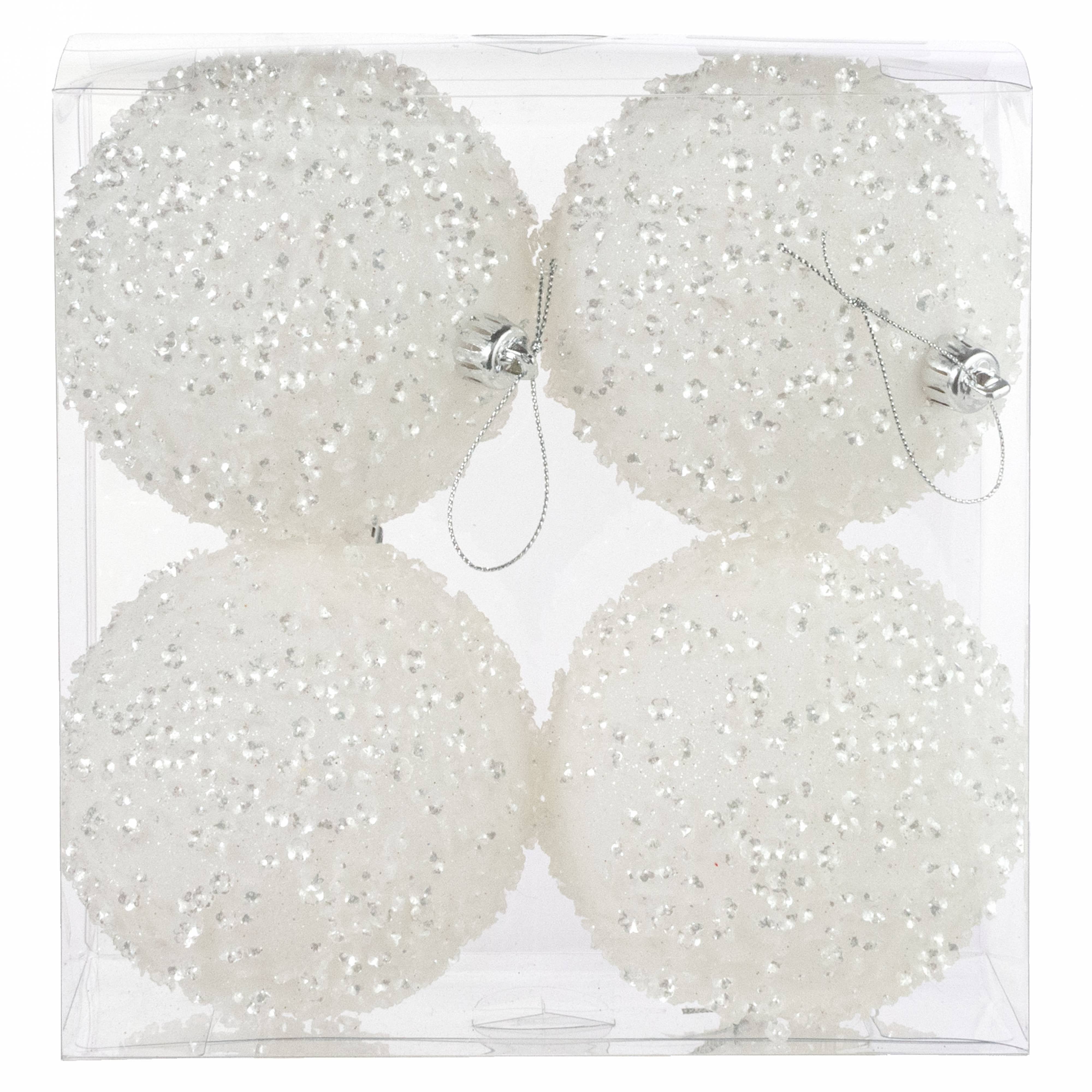 100mm Sequin & Glitter Ball Ornaments: White (Box of 4)
