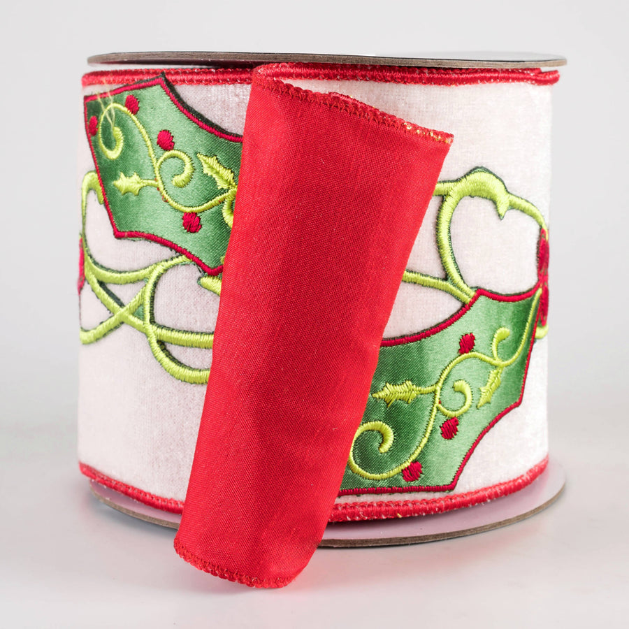 4" Embroidered Designer Velvet Holly Ribbon (5 Yards)