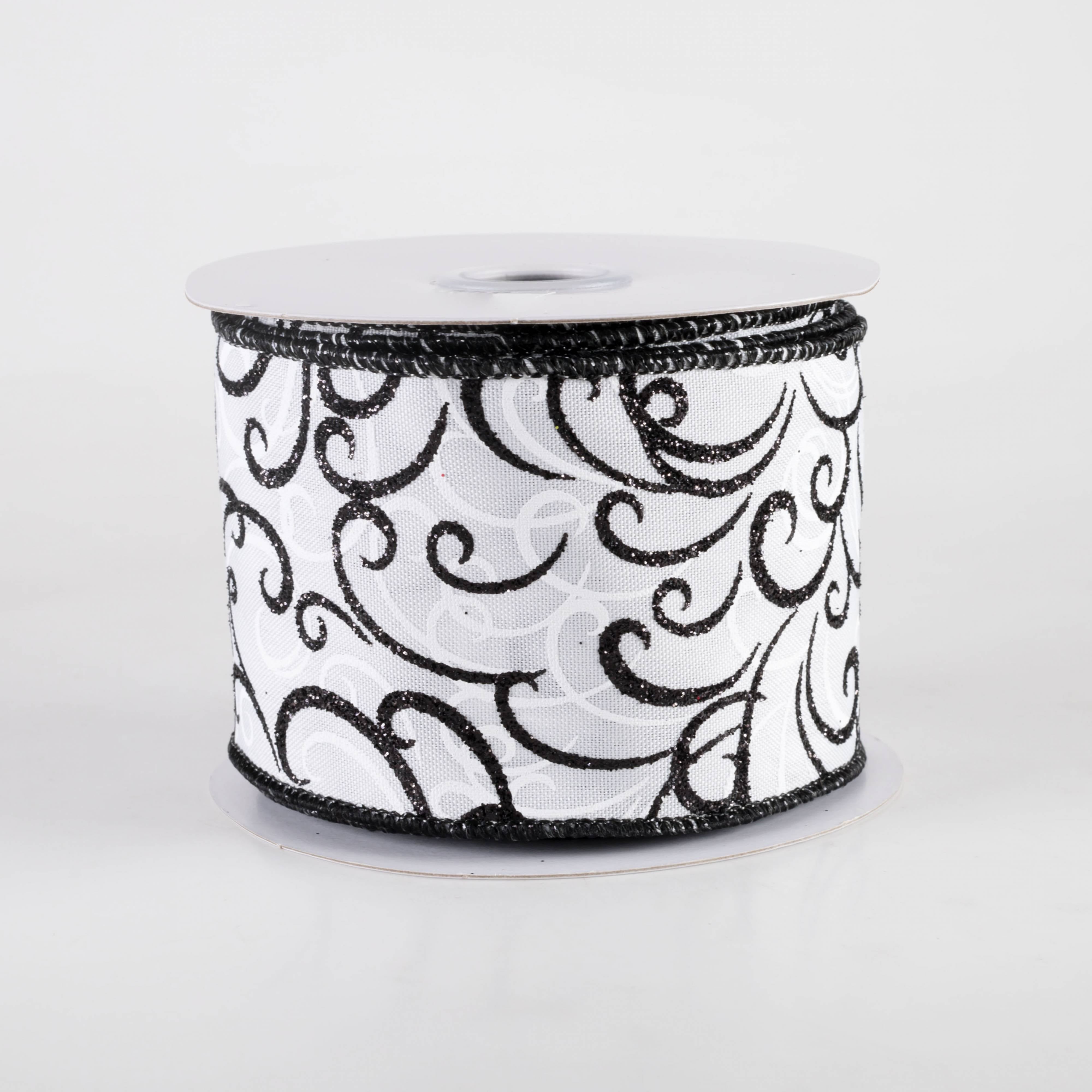 2.5" Glittered Multi Swirls Ribbon: Black on White (10 Yards)