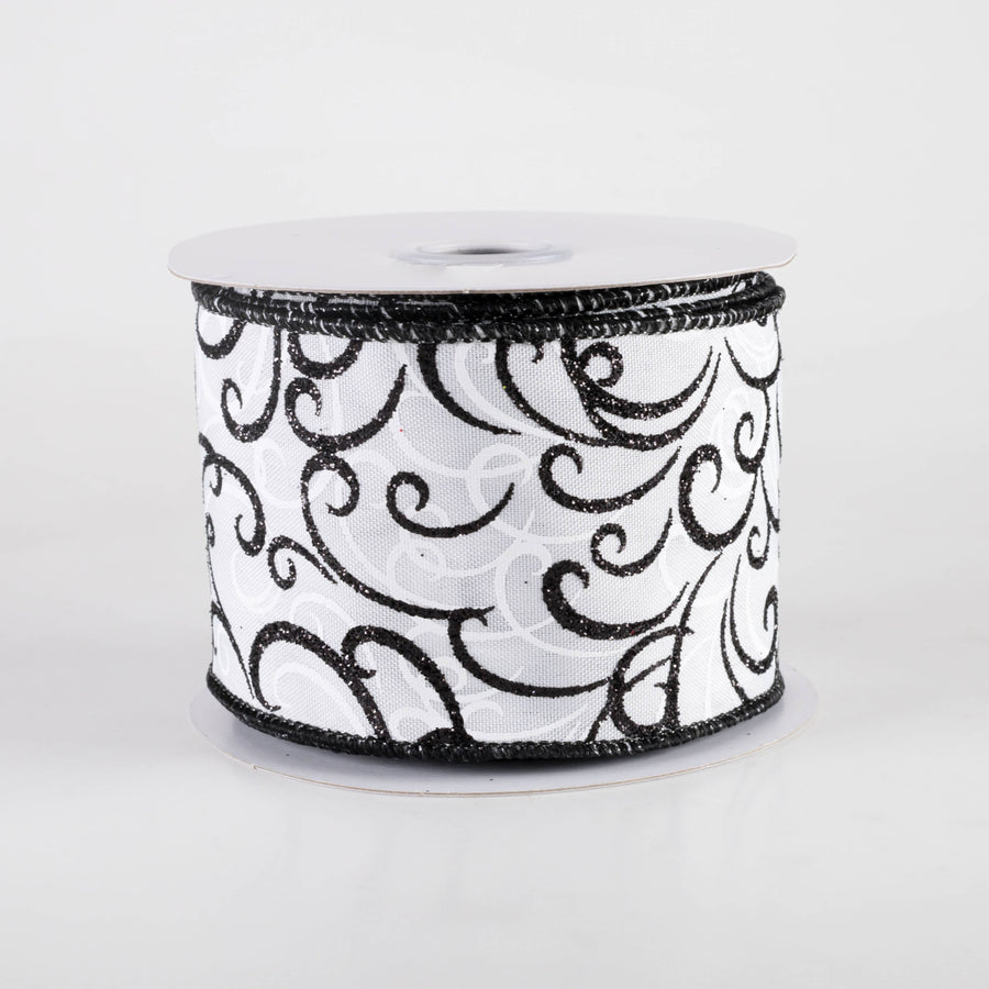 2.5" Glittered Multi Swirls Ribbon: Black on White (10 Yards)