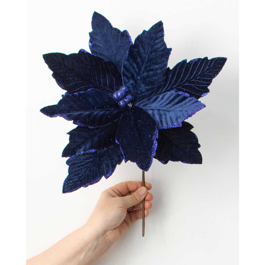 14" x 16" Velvet Poinsettia Stem: Navy Blue